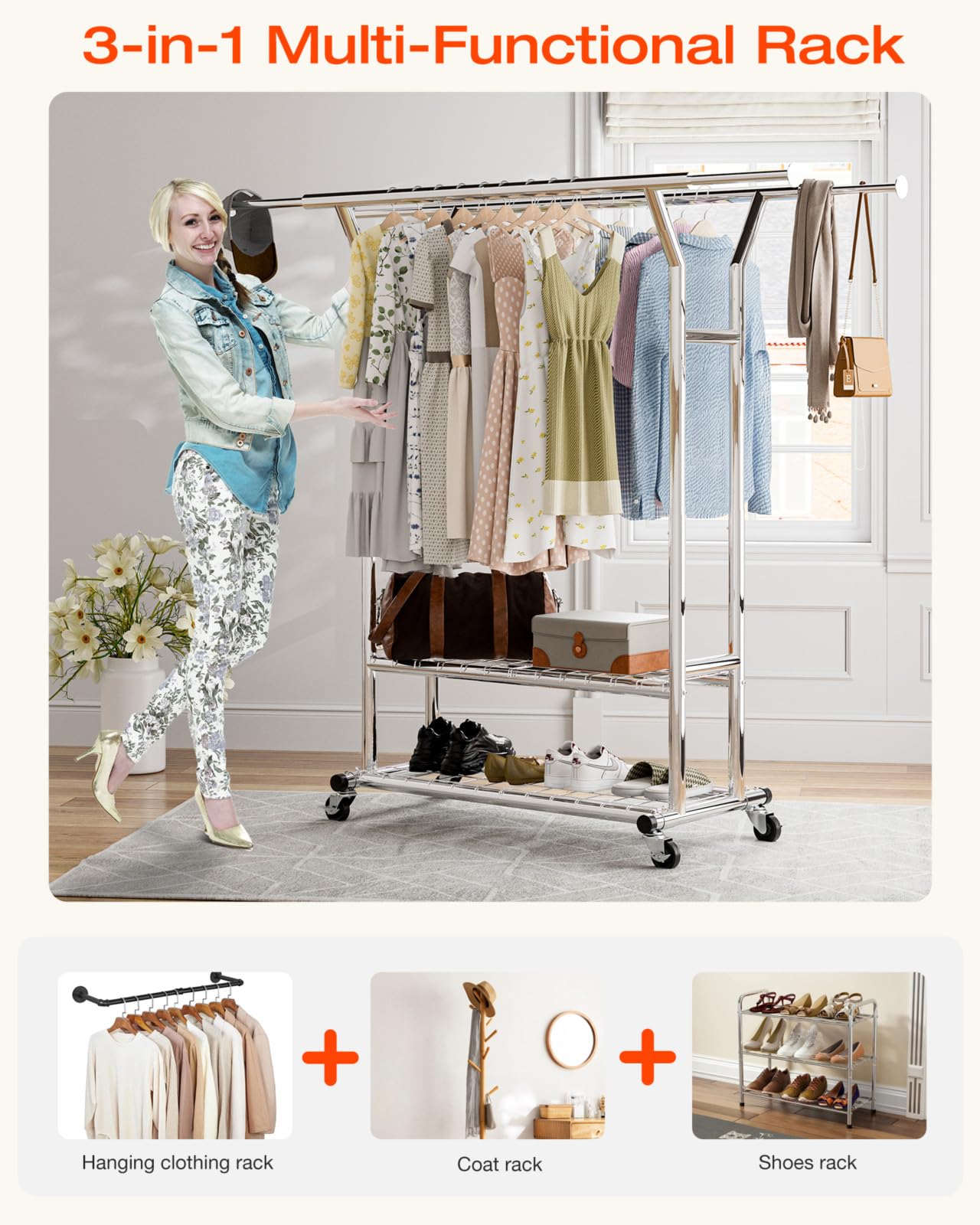 XBurmo Heavy Duty Clothing Rack - Portable Rolling Clothes Rack with Wheels, Adjustable Garment Racks for Hanging Clothes, Free Standing Metal Clothing Rack for Home, Commercial, Laundry Room, Silver