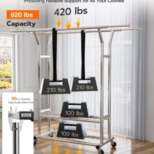 XBurmo Heavy Duty Clothing Rack - Portable Rolling Clothes Rack with Wheels, Adjustable Garment Racks for Hanging Clothes, Free Standing Metal Clothing Rack for Home, Commercial, Laundry Room, Silver