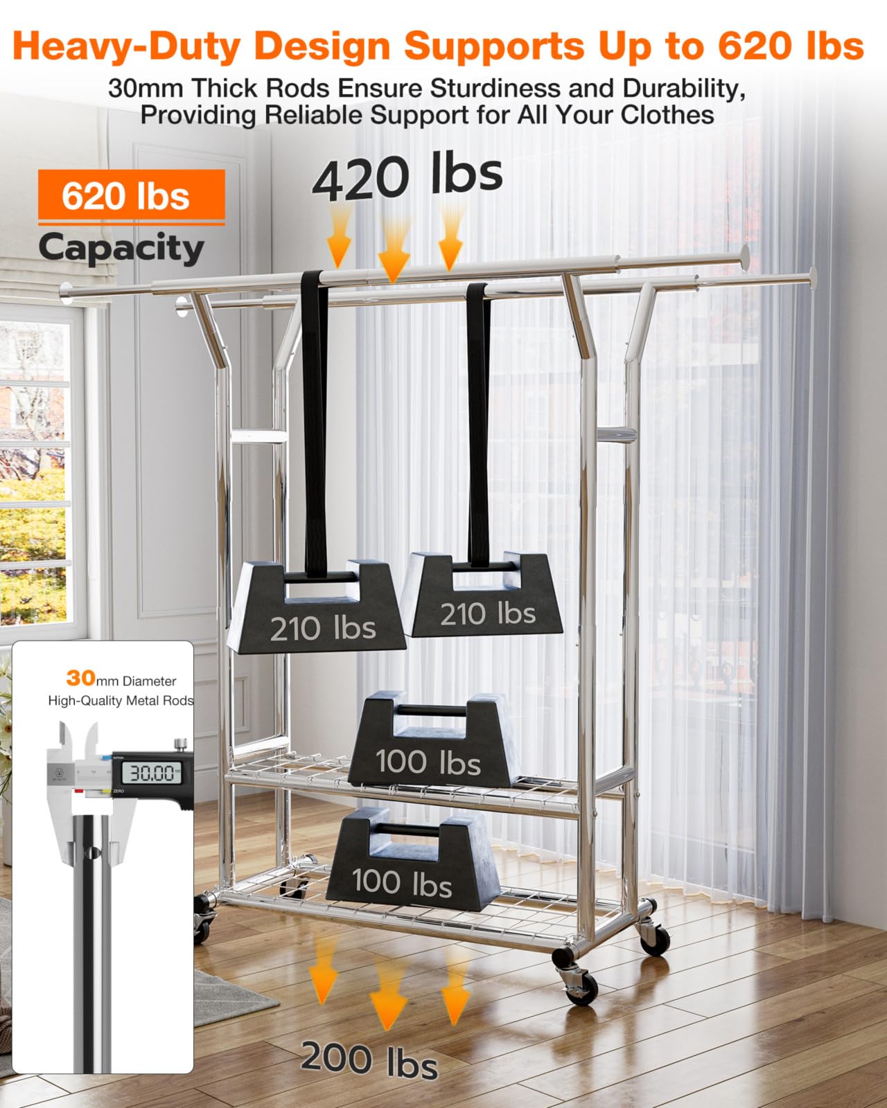 XBurmo Heavy Duty Clothing Rack - Portable Rolling Clothes Rack with Wheels, Adjustable Garment Racks for Hanging Clothes, Free Standing Metal Clothing Rack for Home, Commercial, Laundry Room, Silver