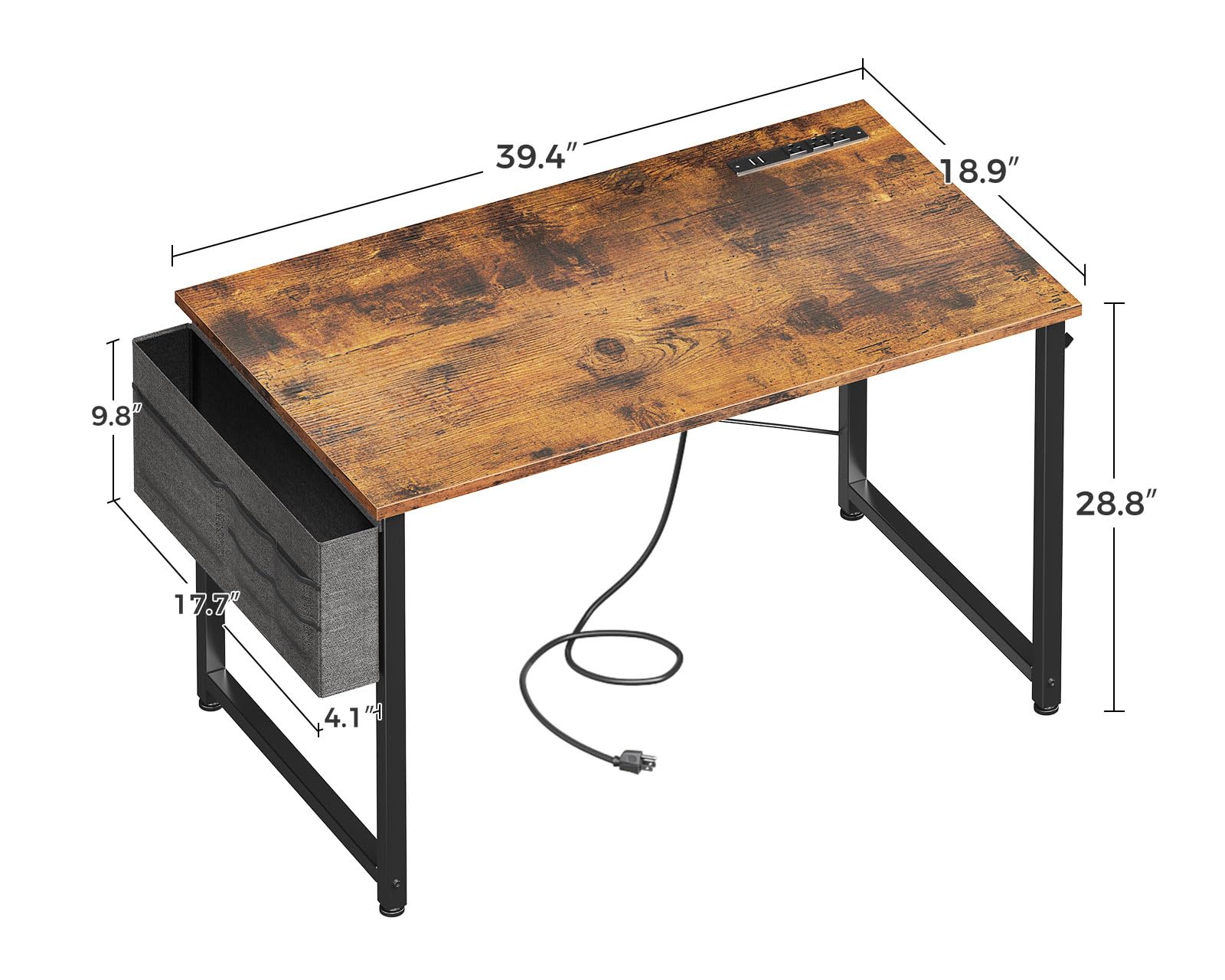 Casaottima 40 inch Computer Desk, Modern Simple Style Desk for Home Office, Study Student Writing Desk with Charging Station Outlets Built in, Rustic