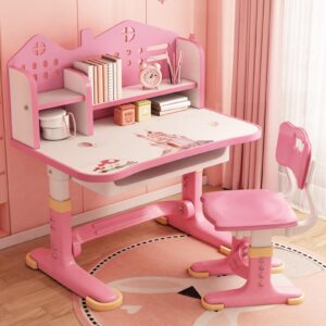 kids study desk and chair set children desk height adjustable children school study desk student desk kids table and chairs with drawer shelf desk for bedroom pink kawaii desk (pink)