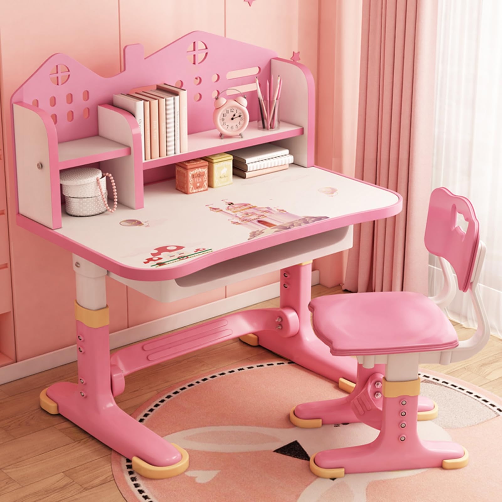 Kids Study Desk and Chair Set Children Desk Height Adjustable Children School Study Desk Student Desk Kids Table and Chairs with Drawer Shelf Desk for Bedroom Pink Kawaii Desk (Pink)