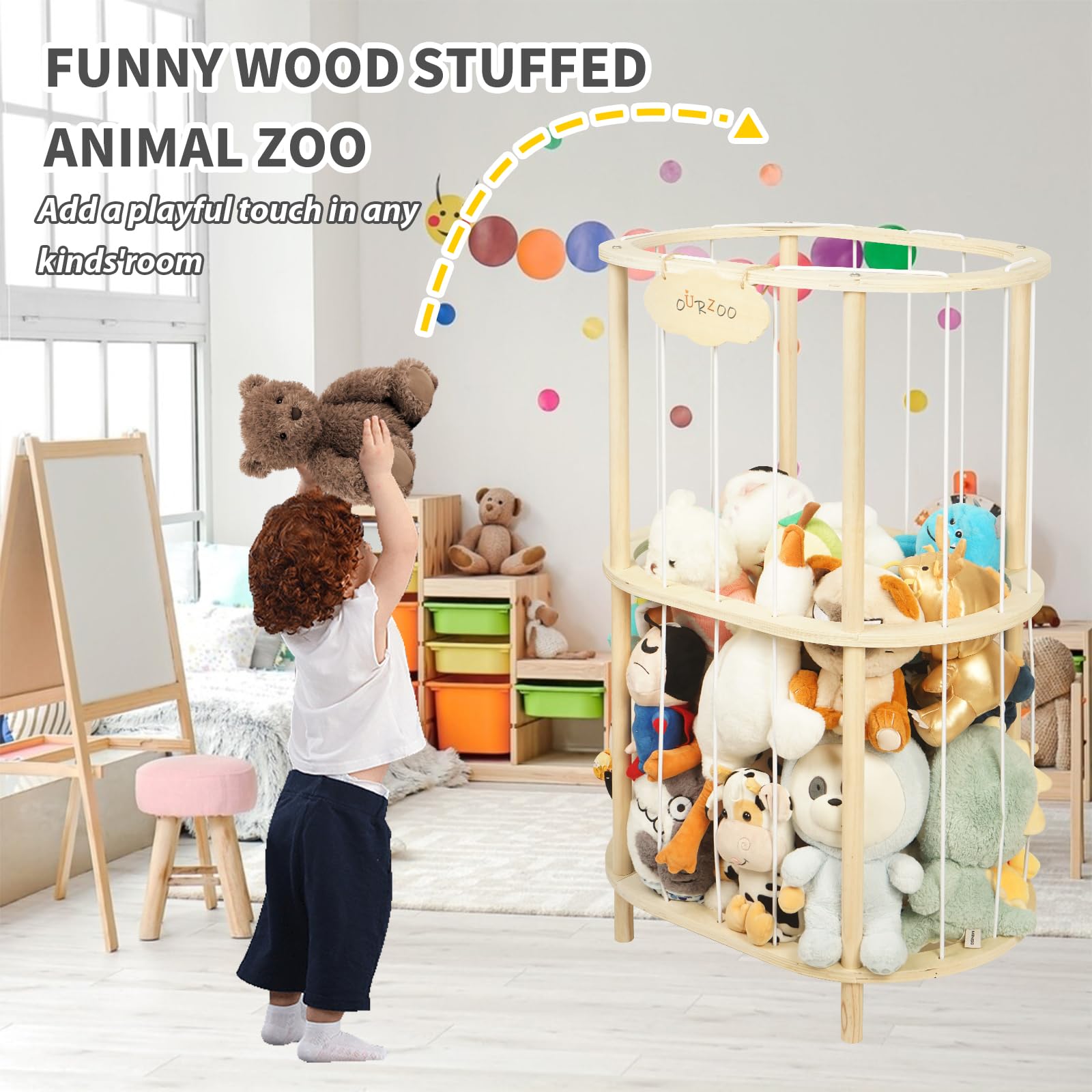 Viyuse Stuffed Animal Zoo Storage Extra Large Wooden Stuffed Animal Holder Soft Toy Organizer Nursery Zoo Cage Plush Stuffed Toy Cage Kids Playroom Bedroom Decor Display Corner Ellipsoid