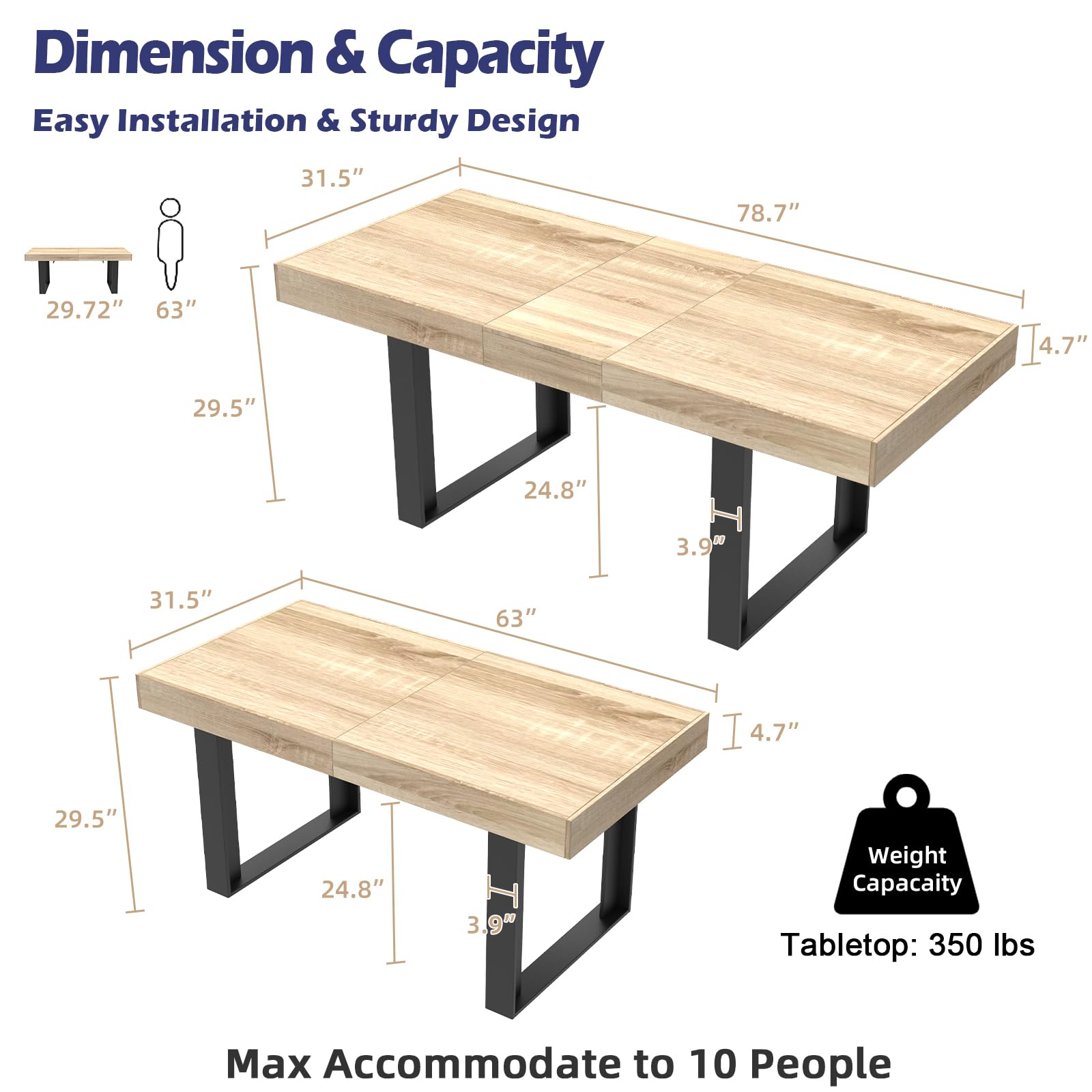 STHOUYN 63”-79” Extendable Dining Room Table for 6 8 10, Modern Farmhouse Wooden Kitchen Expanding Table, Long Large Expandable Dining Room Conference Table (Rustic Oak)