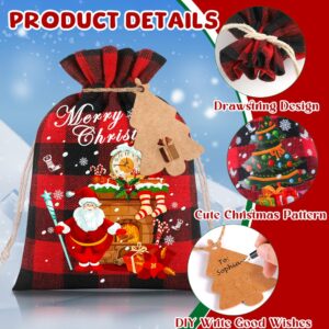 24PCS Small Burlap Bags, 5x7in Christmas Drawstring Treat Bags Xmas Red Plaid Linen Gift Bags Reusable Candy Goodie Wrapping Bags for Holiday Party Favors Supplies (8 Designs)