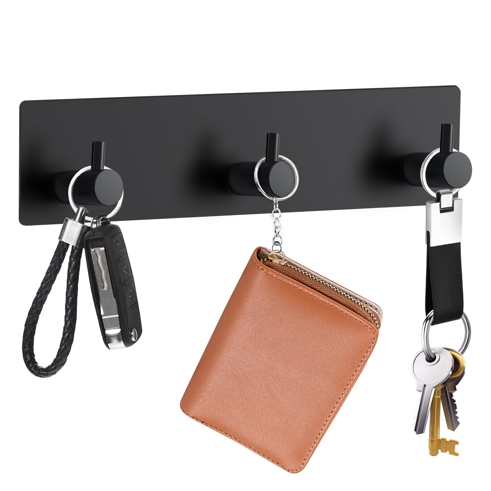 Xutanoiy Key Holder Wall Mount, 2 Self Adhesive Key Hanger Metal Key Rail with 3 Key Hooks Key Rack Keychain Holder with Extra Adhesive for Entryway Doorway Hallway Camper RV (Black)