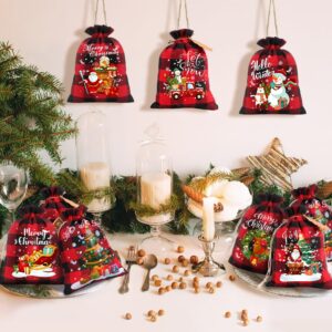 24PCS Small Burlap Bags, 5x7in Christmas Drawstring Treat Bags Xmas Red Plaid Linen Gift Bags Reusable Candy Goodie Wrapping Bags for Holiday Party Favors Supplies (8 Designs)