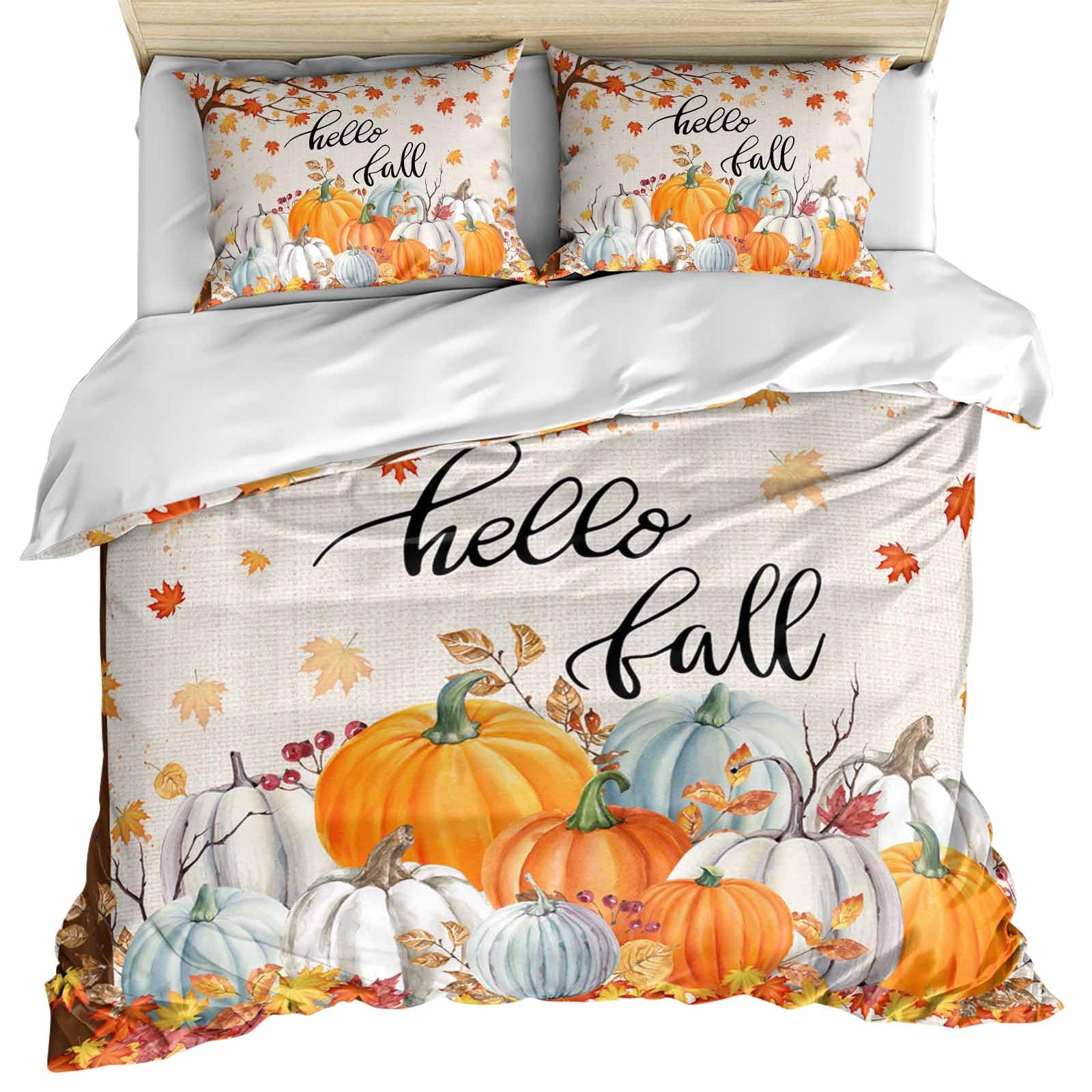 DecorLovee Hello Fall Duvet Cover Set 3 Pieces with Zipper Closure, Pumpkins Autumn Botanical Thanksgiving Rustic Bedding Sets 1 Duvet Cover & 2 Pillow Cases, Comforter Cover Set Duvet Cover Queen