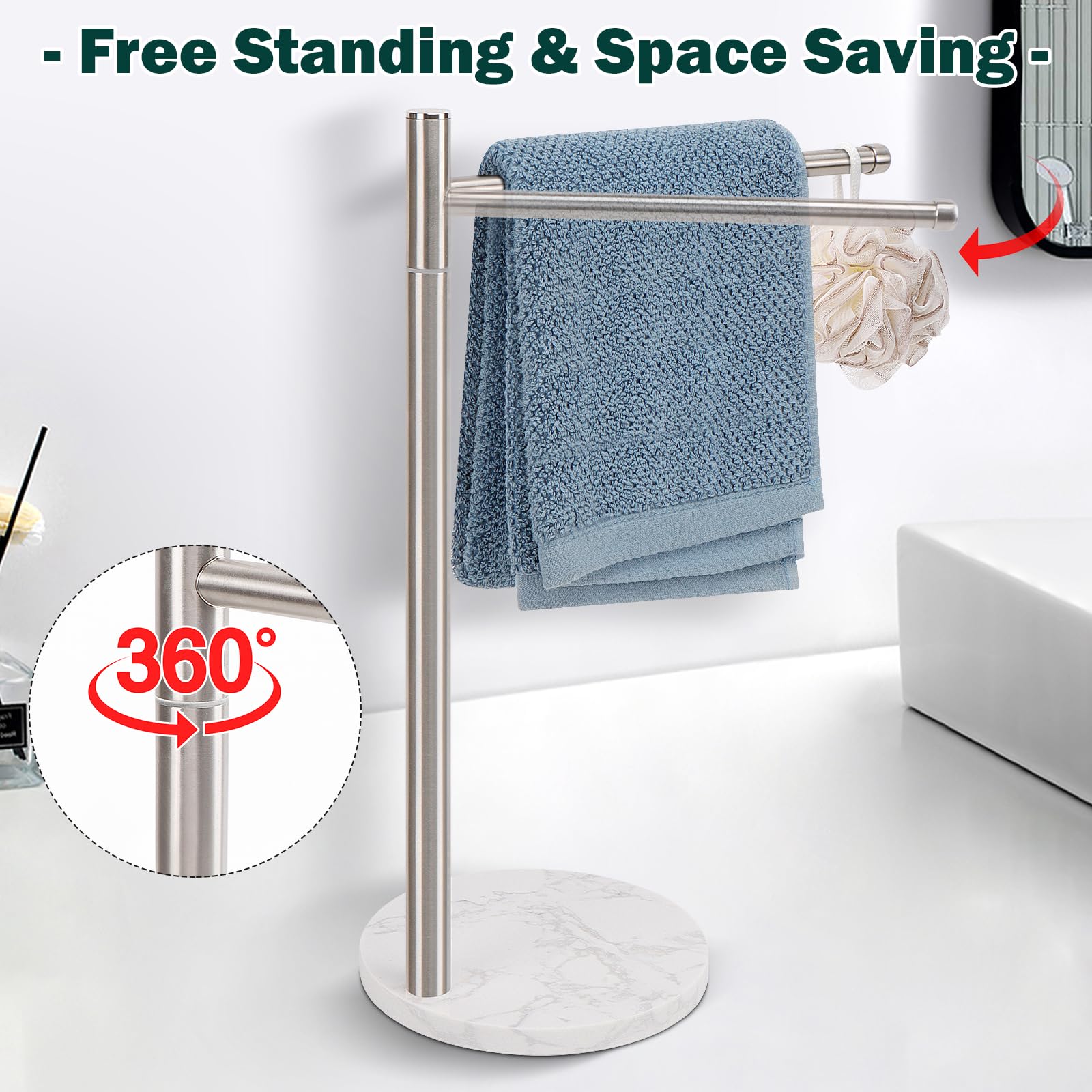 BathAce Hand Towel Holder, L-Shape Hand Towel Stand with Marble Base, Stainless Steel Swivel Stand Hand Towel Rack Free-Standing Towel Bar for Bathroom Kitchen Countertop, 1 Arms (Brushed Nickel)