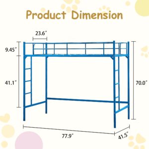 Pipleo Loft Bed Twin Size Metal Frame, Multifunctional Loft Bed with Ladder and Guardrail, Space-Saving, Modern Industrial Style, No Box Spring Needed