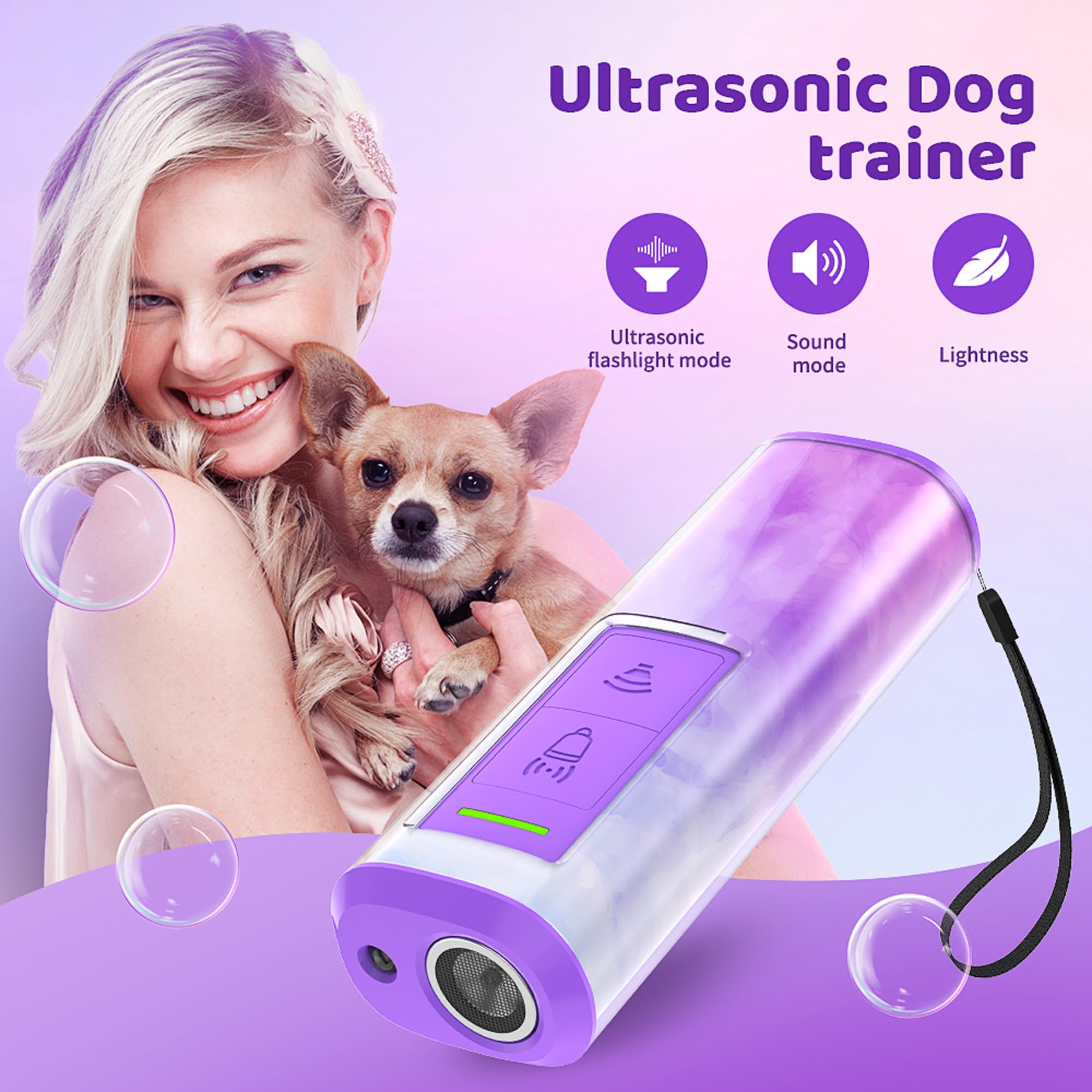 LILEEE Dog Bark Deterrent Devices, Ultrasonic Anti Barking Device for Dog, Effective Control Range up to 23 Ft, Dog Training Device Indoor＆Outdoor with LED Flashlight (White Purple)