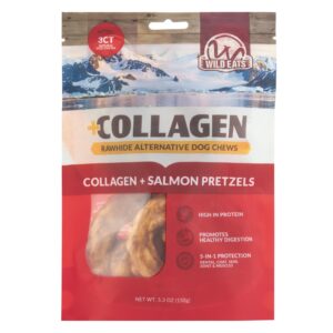 wild eats rawhide free real salmon collagen dog treat pretzel, 3ct - high protein dog chew