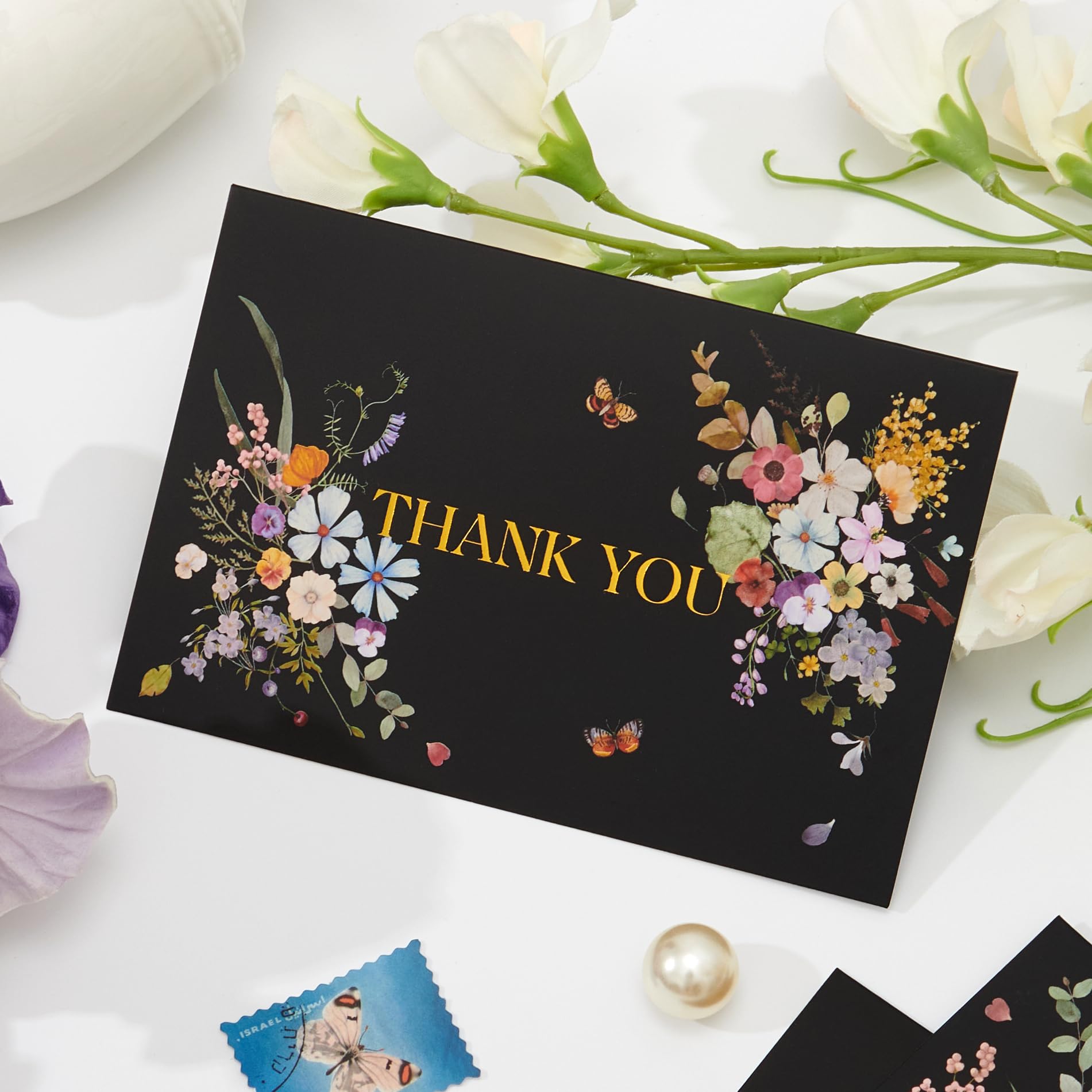 Crisky Black Floral Thank You Cards with Envelopes 50 Pack bulk 4x6 Inch Kraft envelopes Gold Foil Flower Greeting Cards For Baby Shower, Wedding, Bridal Shower, Graduation, 3 assortment