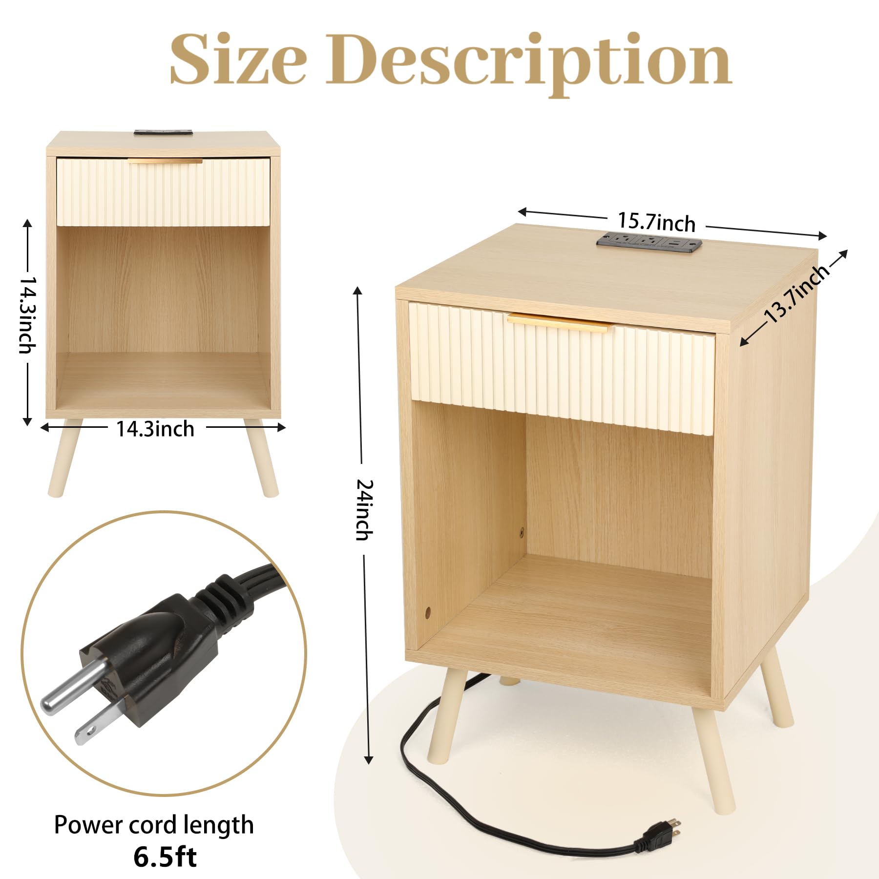 nightstand,Night Stands with Charging Station，Side Tables Bedroom with Drawers and Storage Space，Modern Night Stand，Suitable for bedrooms and Living Rooms (Beige)