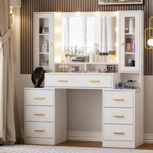 likein vanity desk with mirror and lights - 7 drawers makeup vanity with charging station, vanity table with shelf, 2 cabinets & nightstand, 3 lighting modes brightness adjustable, bedroom, white