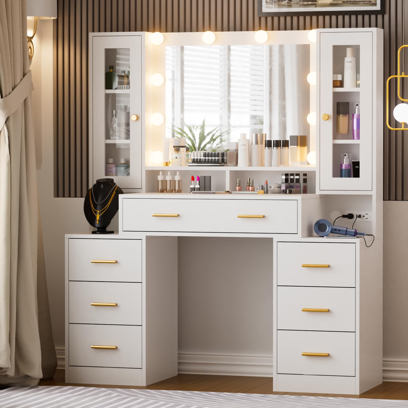 Likein Vanity Desk with Mirror and Lights - 7 Drawers Makeup Vanity with Charging Station, Vanity Table with Shelf, 2 Cabinets & Nightstand, 3 Lighting Modes Brightness Adjustable, Bedroom, White