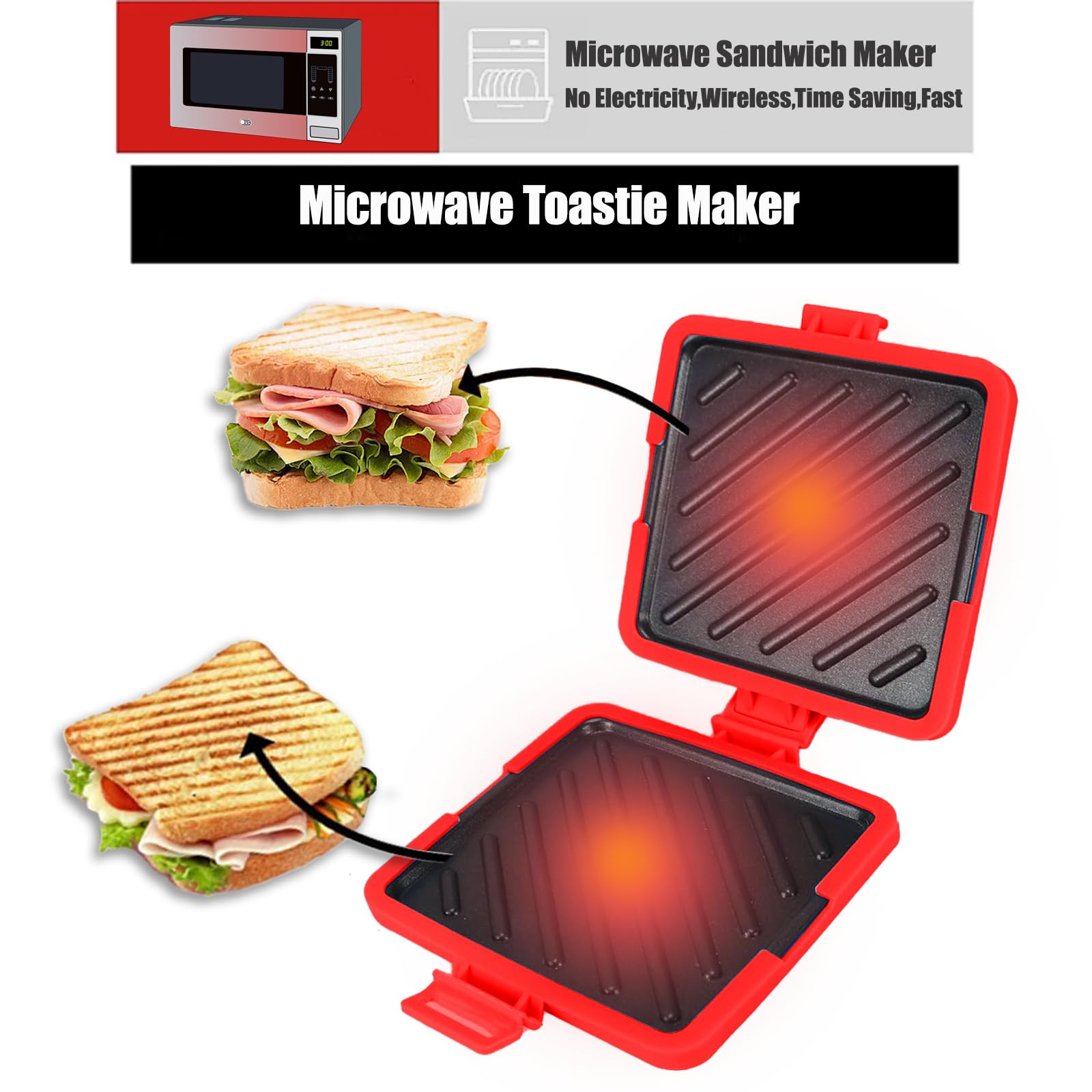 Microwave Toastie Maker,Microwave Toastie Sandwich Maker,Microwave Sandwich Maker With Adjustable Silicone Straps,No Electricity,Wireless,Time Saving,Fast (Red)