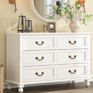 tvu white 6 drawer dresser for bedroom, vinatge wood chest of drawers with wide storage cabinet (white)