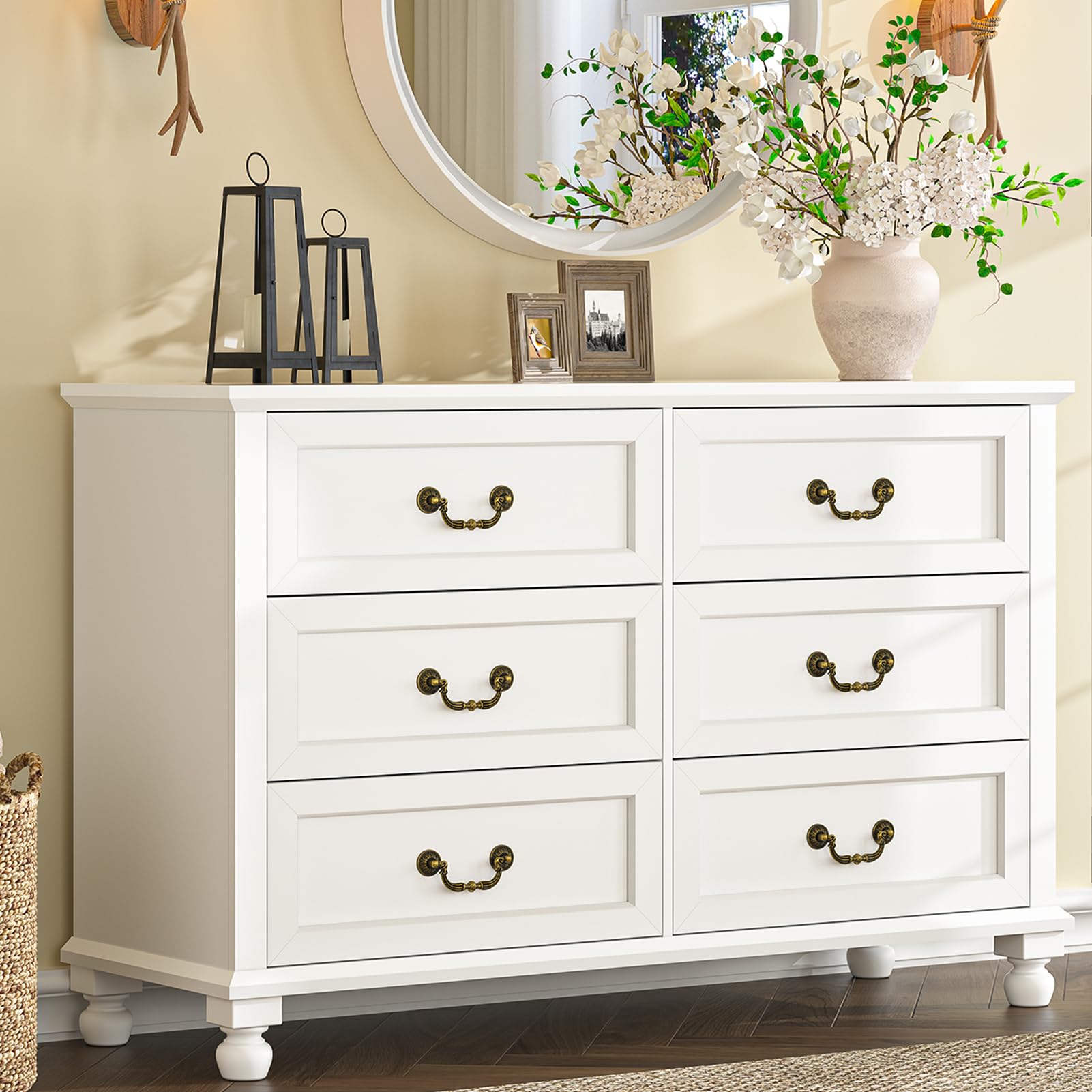 TVU White 6 Drawer Dresser for Bedroom, Vinatge Wood Chest of Drawers with Wide Storage Cabinet (White)