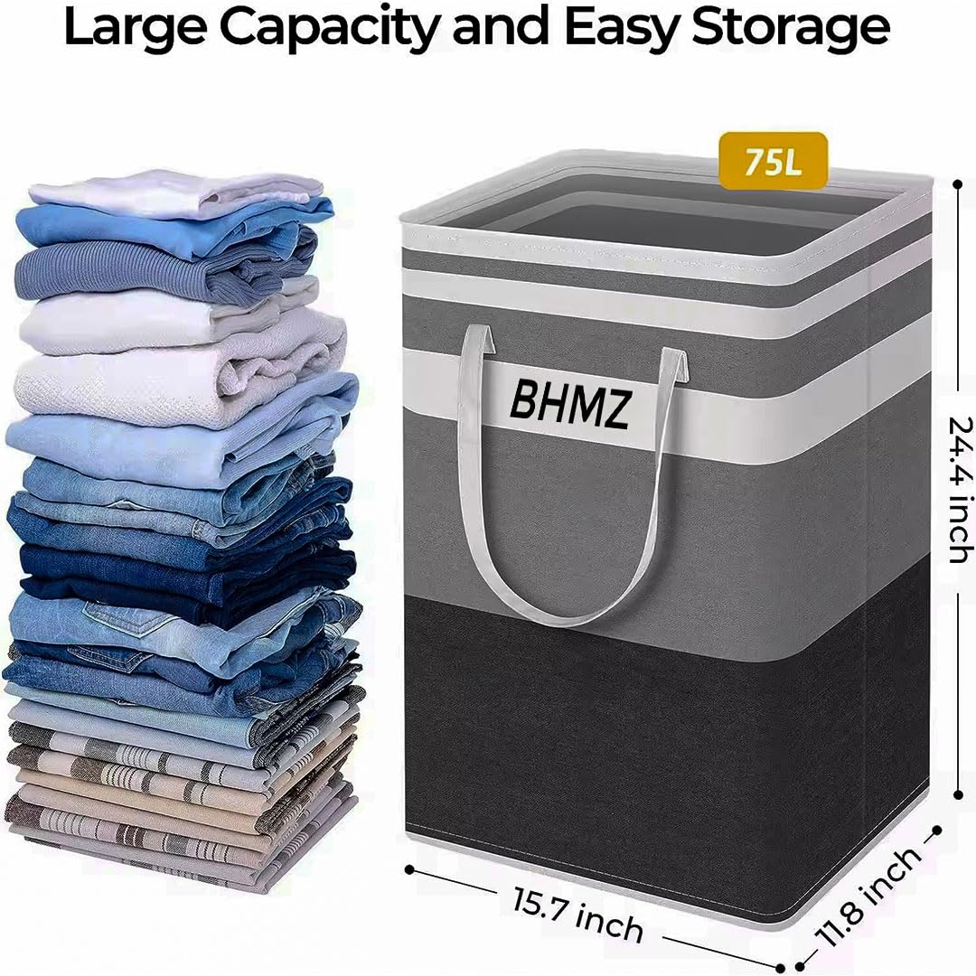 BHMZ 2 Pack Large Laundry Hamper - Freestanding Laundry Baskets - Collapsible & Waterproof Clothes Hamper - Long Reinforced Handles - Easy to Carry - For Bedroom, Bathroom & College Dorm - Grey 75L