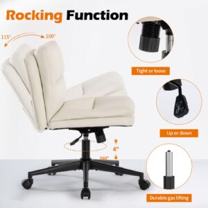 YASHFU Armless Leather Wide Office Desk Chair with Wheels: Cute Criss Cross Chair with Wheels, Leather Comfy Adjustable Swivel Computer Task Chairs for Home, Office,Make Up,Bed Room (Beige)