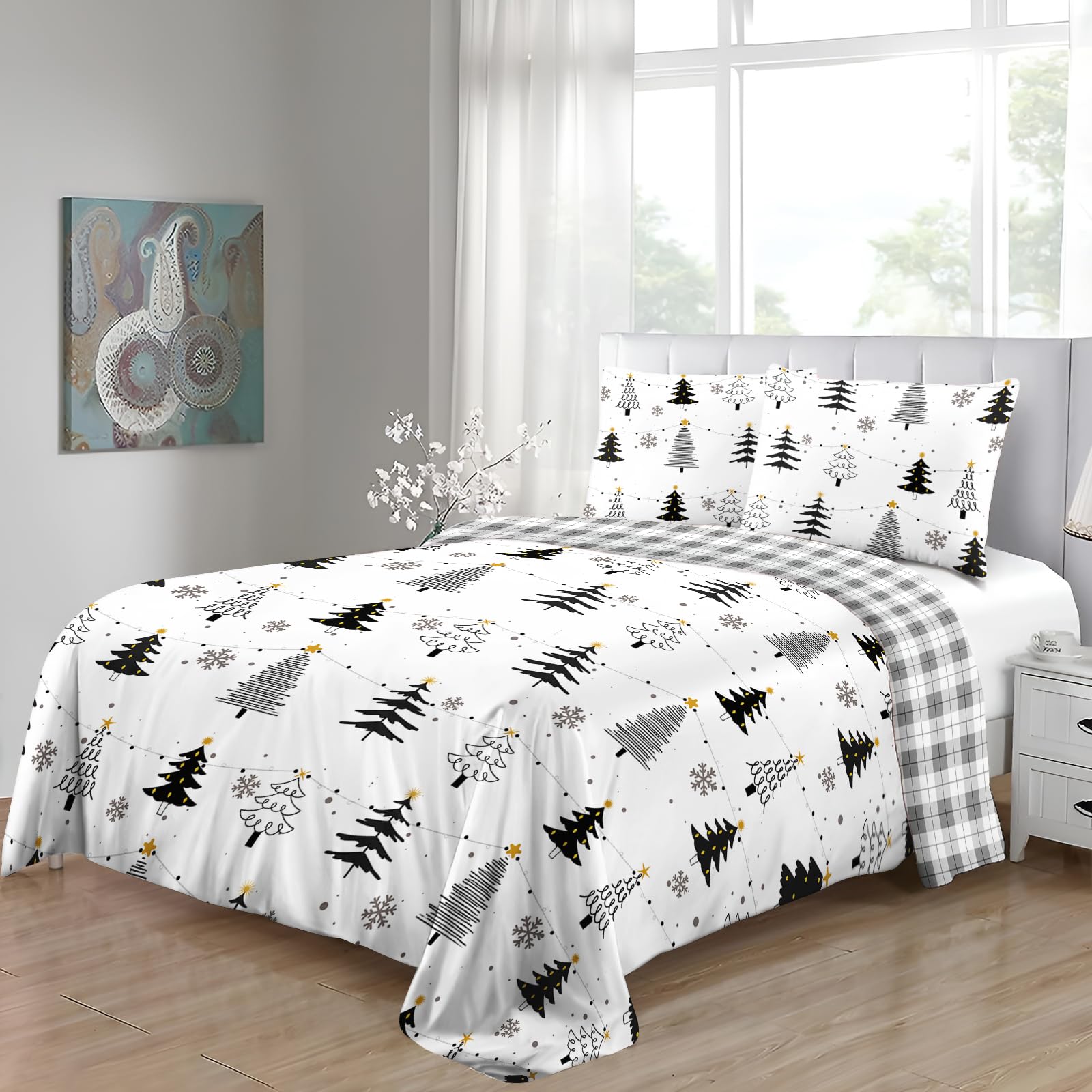 JANSHU 3 Piece Christmas Duvet Cover Queen Size Set, Black Christmas Tree Duvet Cover Set, Christmas Duvet Cover Set with Zipper Closure and Corner Ties, 1 Duvet Cover Queen Size and 2 Pillow Shams.