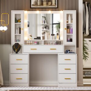 Likein Vanity Desk with Mirror and Lights - 7 Drawers Makeup Vanity with Charging Station, Vanity Table with Shelf, 2 Cabinets & Nightstand, 3 Lighting Modes Brightness Adjustable, Bedroom, White