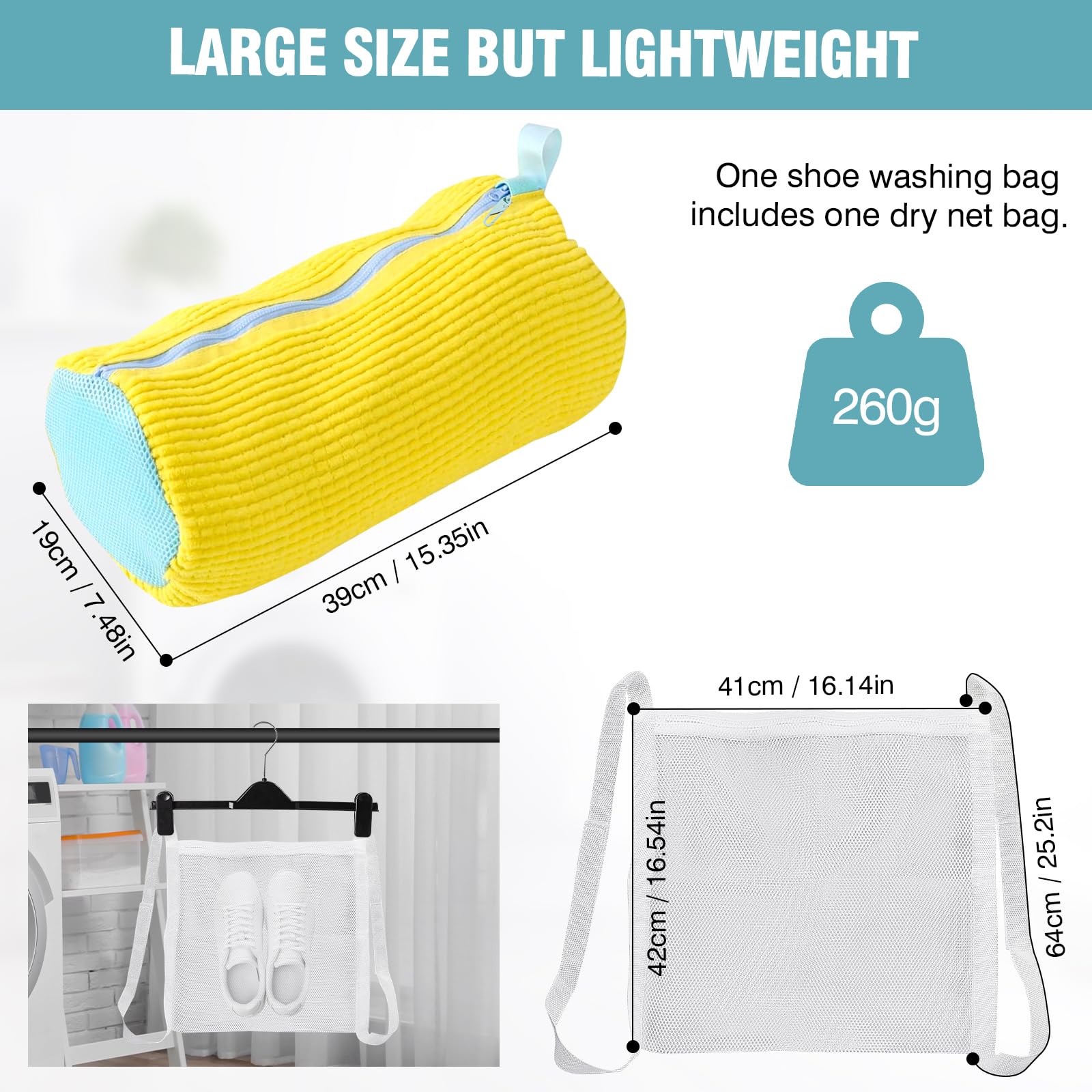 Shoe Washing Machine Bag, 2 Pack Laundry Shoe Bags for Washer and Dryer, Sturdy Zipper,Dry Net Bag Included, Reusable Shoe Washing Bag for Sneaker, Yellow 2PCS