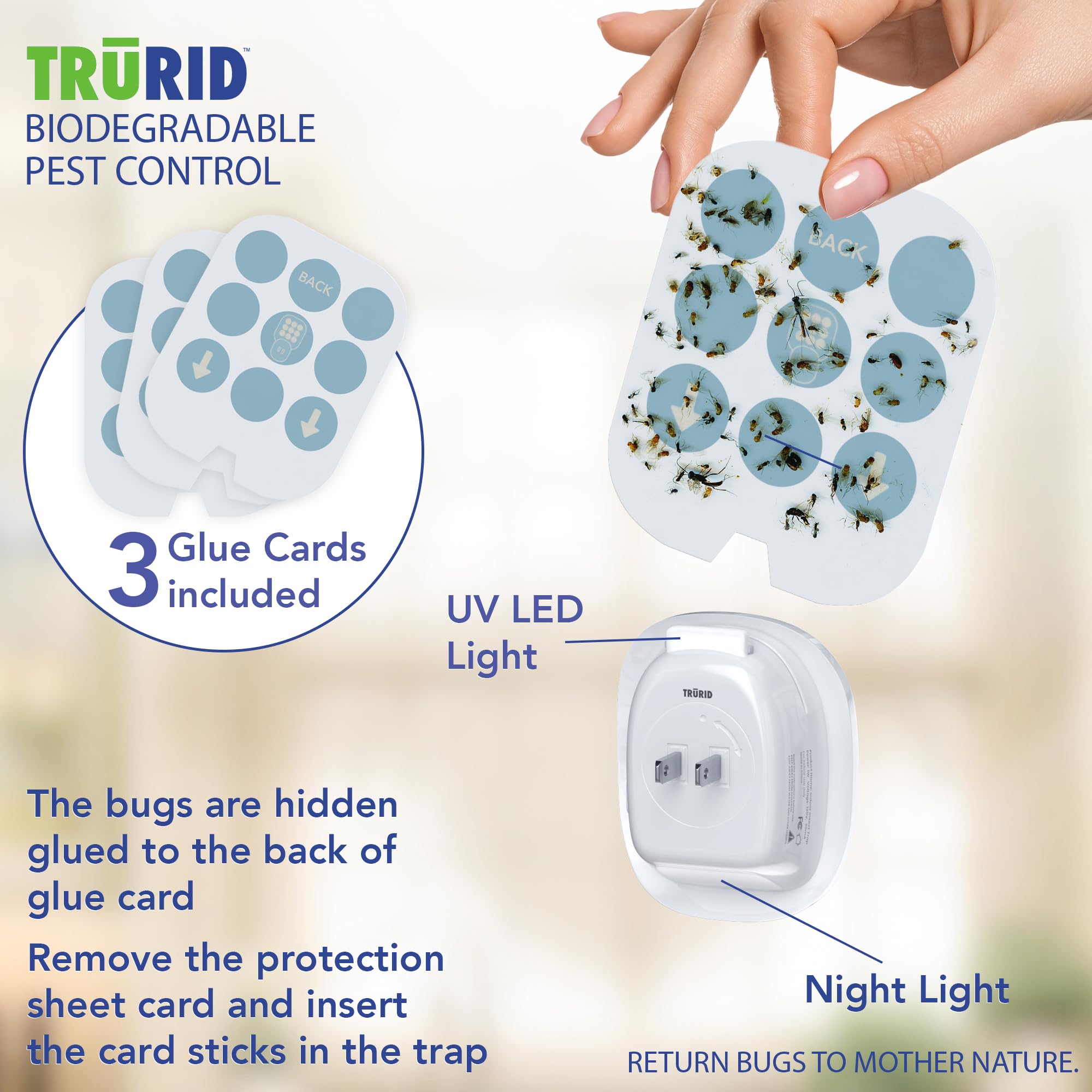 Fly Trap Indoor and Fruit Fly Traps for Indoors with UV Light Reusable Bug Killer for House Flies, Gnats, Moths & Flying Insects 1 Device & 3 Glue Cards