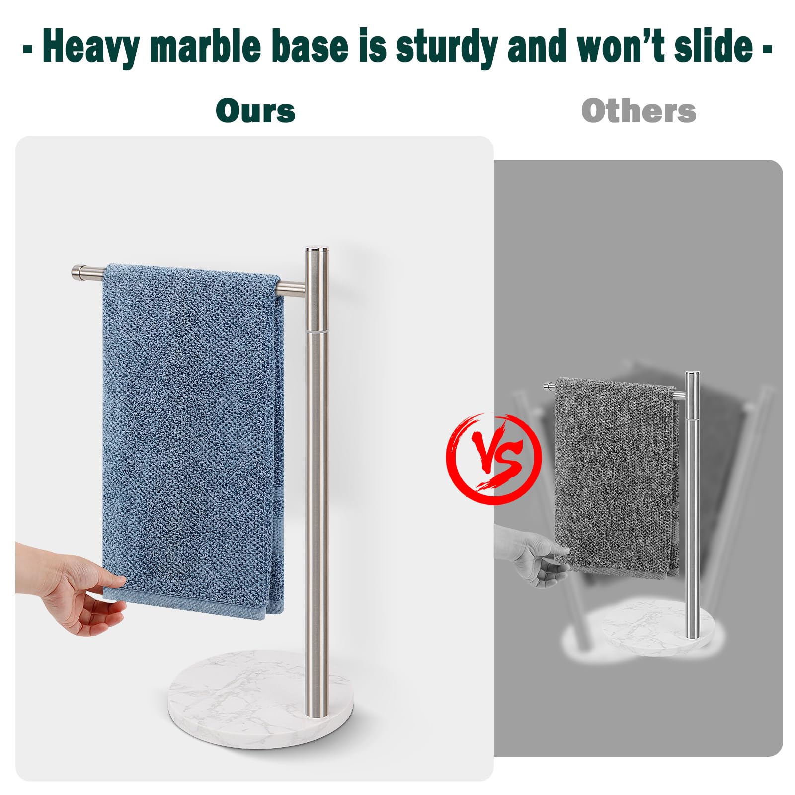 BathAce Hand Towel Holder, L-Shape Hand Towel Stand with Marble Base, Stainless Steel Swivel Stand Hand Towel Rack Free-Standing Towel Bar for Bathroom Kitchen Countertop, 1 Arms (Brushed Nickel)