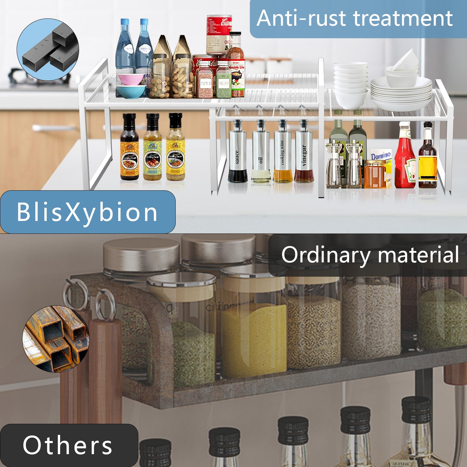 BlisXybion Set of 2 Kitchen Cabinet Organizer Shelf Stackable Sturdy Metal Counter Countertop Pantry Storage Rack