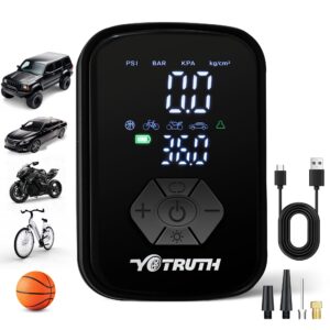 yotruth air compressor portable tire inflator 150psi inflate electric bike pump digital pressure gauge, fast inflate pump for car, motorcycle, bicycle, and ball with led light