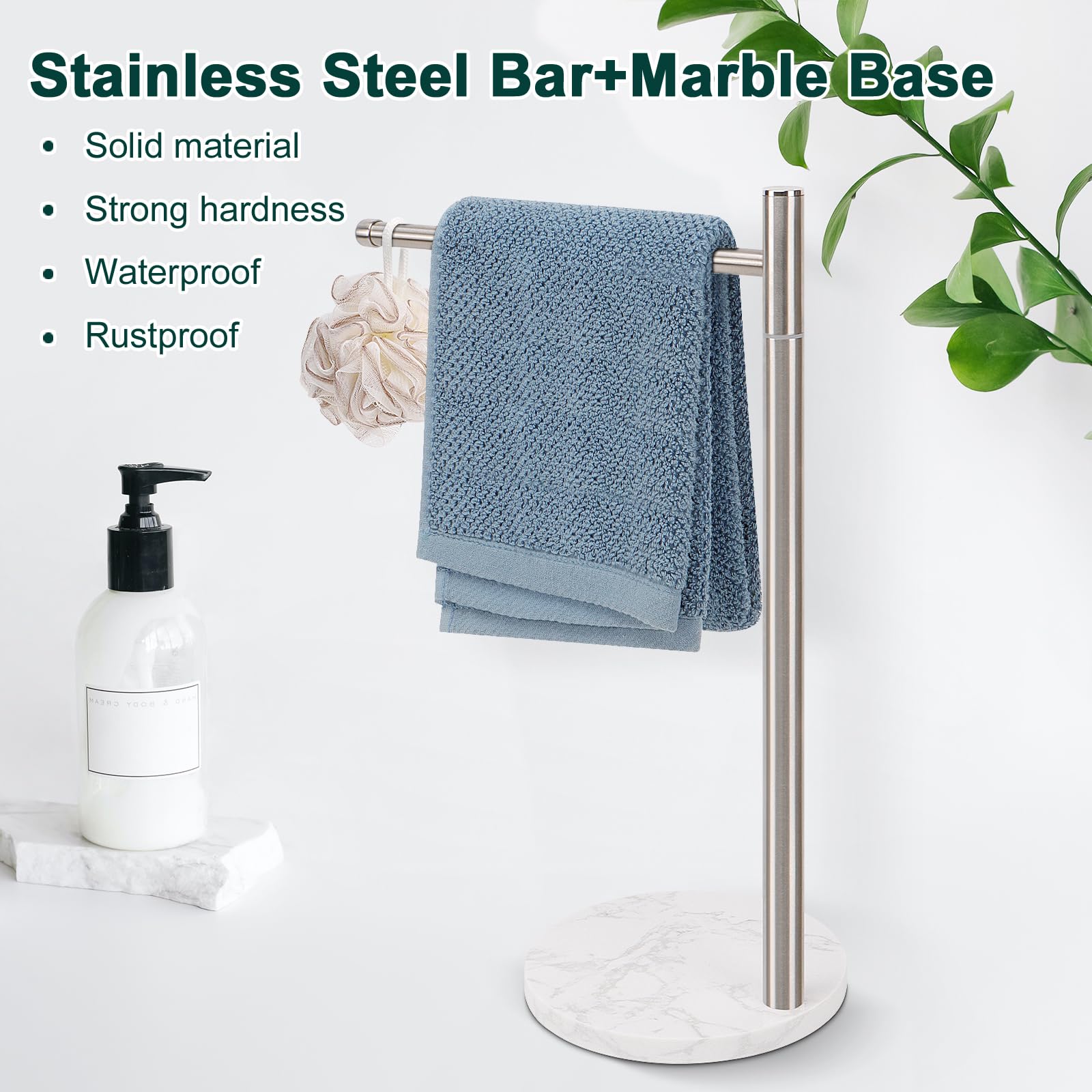 BathAce Hand Towel Holder, L-Shape Hand Towel Stand with Marble Base, Stainless Steel Swivel Stand Hand Towel Rack Free-Standing Towel Bar for Bathroom Kitchen Countertop, 1 Arms (Brushed Nickel)