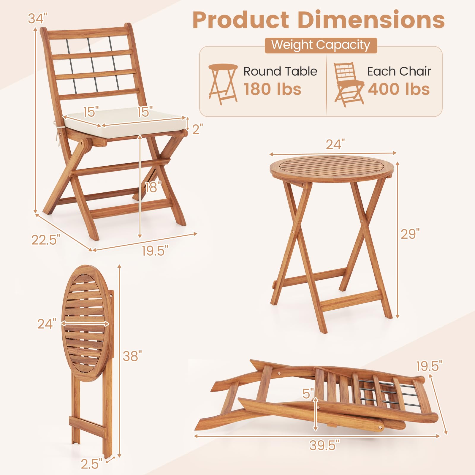 HAPPYGRILL 3 Pieces Acacia Wood Patio Bistro Set, Folding Outdoor Table and Chairs Set with Cushions, Outdoor Patio Furniture Set for Porch, Balcony, Deck, Garden, Backyard