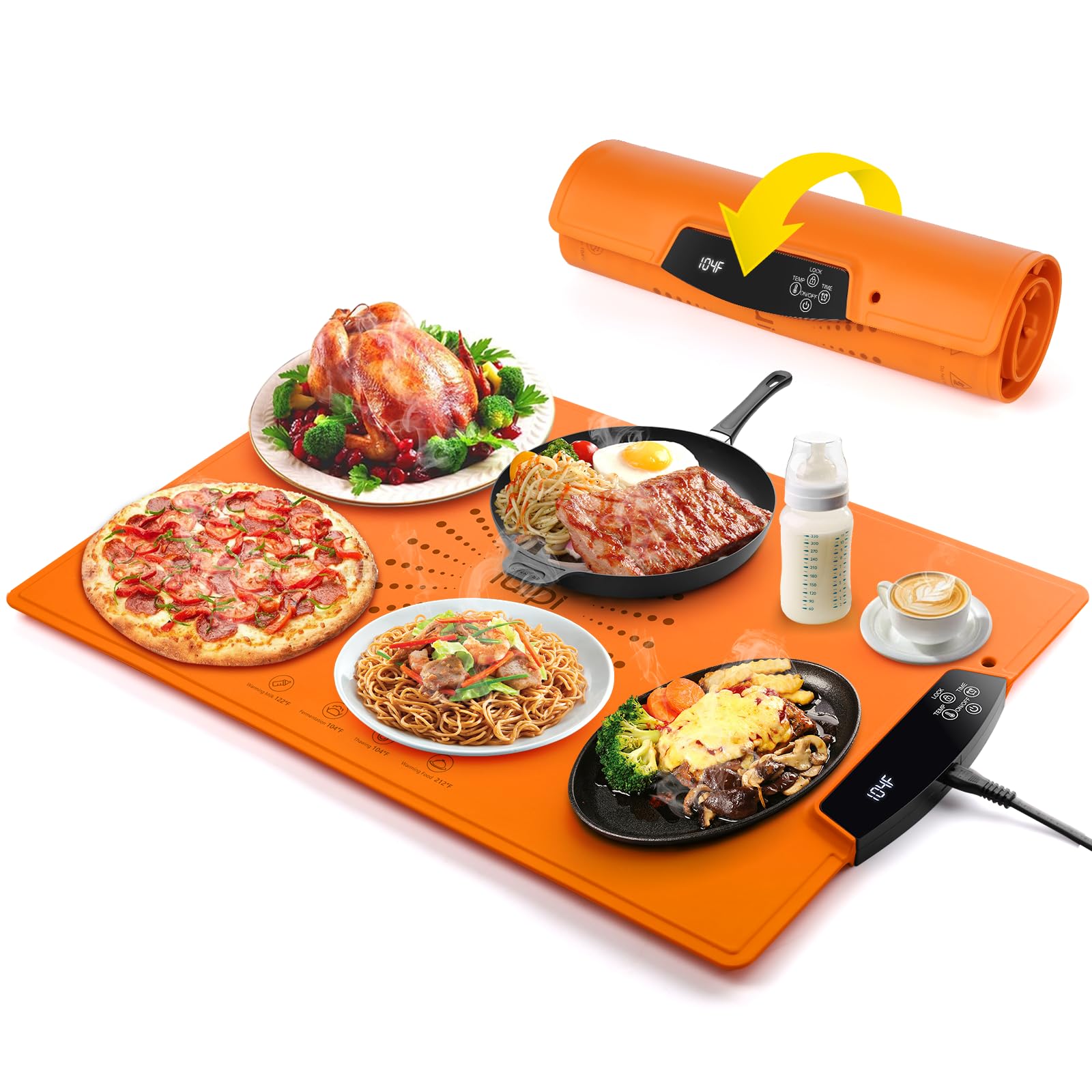 Food Warming Mat, IUIPI Electric Warming Tray with 7 Temperature Settings 2-12H Timer and Child-Lock Fast Full Surface Heating Roll Up Food Warmers for Parties Buffet Gatherings Countertop