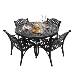 PATIO-IN 48.23" Patio Dinning Table, All-Weather Cast Aluminum Table with 2.36" Umbrella Hole, Patio Furniture Table, Outdoor Dining Table for Backyard and Poolside