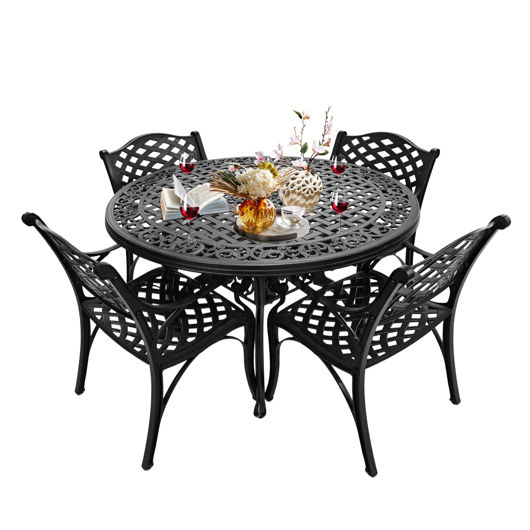 PATIO-IN 48.23" Patio Dinning Table, All-Weather Cast Aluminum Table with 2.36" Umbrella Hole, Patio Furniture Table, Outdoor Dining Table for Backyard and Poolside