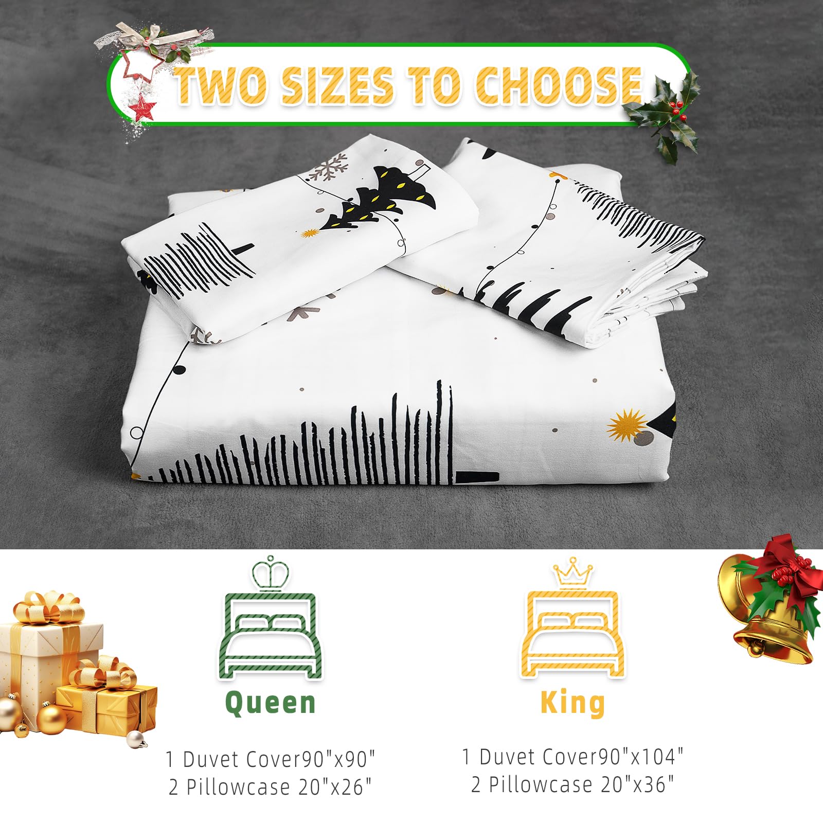 JANSHU 3 Piece Christmas Duvet Cover Queen Size Set, Black Christmas Tree Duvet Cover Set, Christmas Duvet Cover Set with Zipper Closure and Corner Ties, 1 Duvet Cover Queen Size and 2 Pillow Shams.