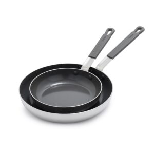 greenpan x bobby flay stainless steel 8” & 10” frying pan skillet set, professional grade tri ply, pfas-free ceramic nonstick, induction suitable, dishwasher & oven safe, stay cool handle