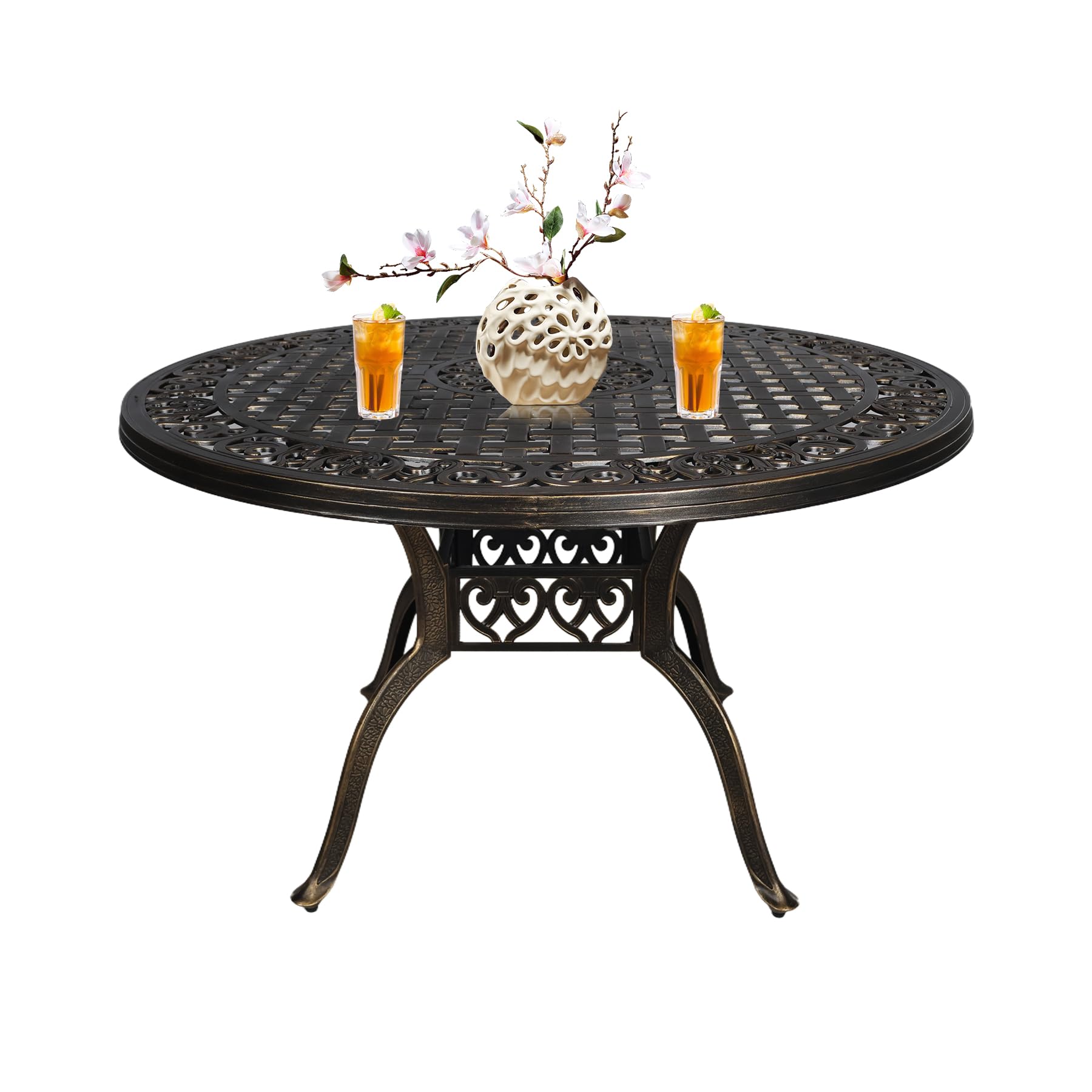 PATIO-IN 48.23" Patio Dining Table, All-Weather Cast Aluminum Table with 2.36" Umbrella Hole, Patio Furniture Table, Outdoor Dining Table for Backyard and Poolside