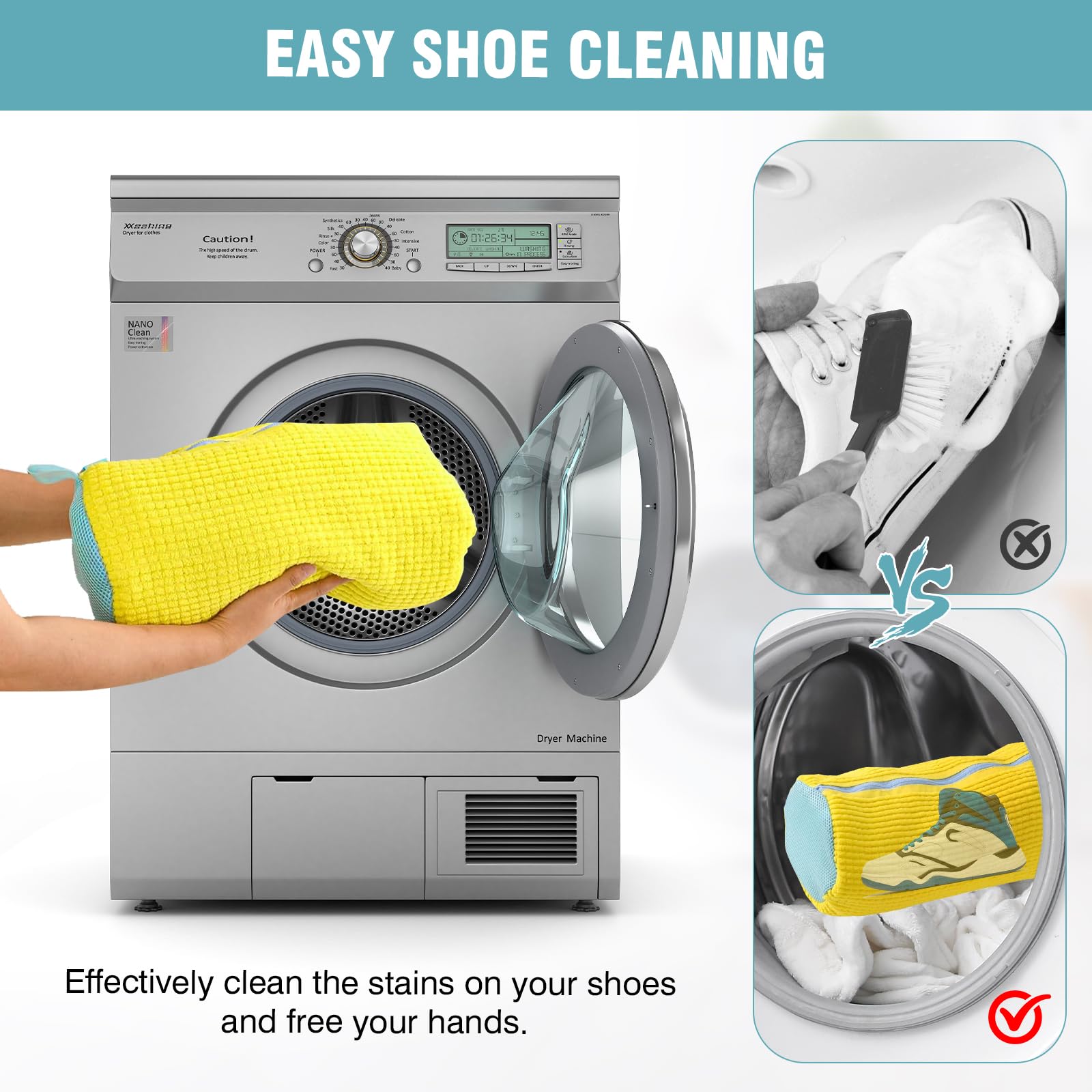 Shoe Washing Machine Bag, 2 Pack Laundry Shoe Bags for Washer and Dryer, Sturdy Zipper,Dry Net Bag Included, Reusable Shoe Washing Bag for Sneaker, Yellow 2PCS