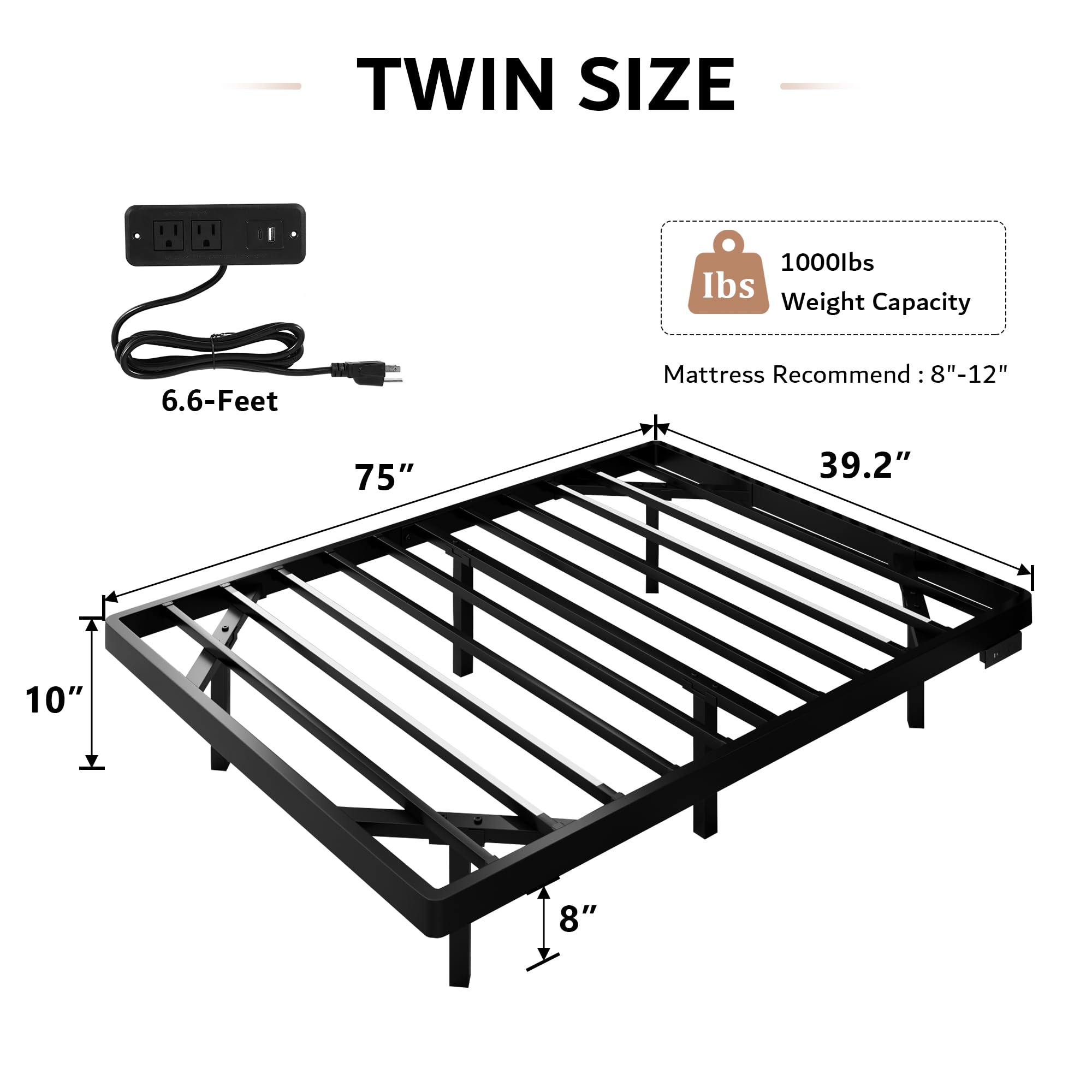 iPormis Twin Size Floating Bed Frame with Charging Station and Led Light, Metal Platform Bed Frame with Heavy Duty Steel Slats Support, No Box Spring Needed, Noise-Free, Easy Assembly, Black