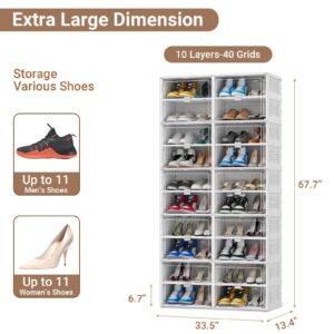 BROVIEW 10 Tiers 40 Pairs Heavy Duty Shoe Storage and Organizer, Hard Plastic Stackable Shoe Box, Shoe Cabinet storage for Entryway, Large Shoe Storage Bins, Shoe Rack with Magnetic Door Folding