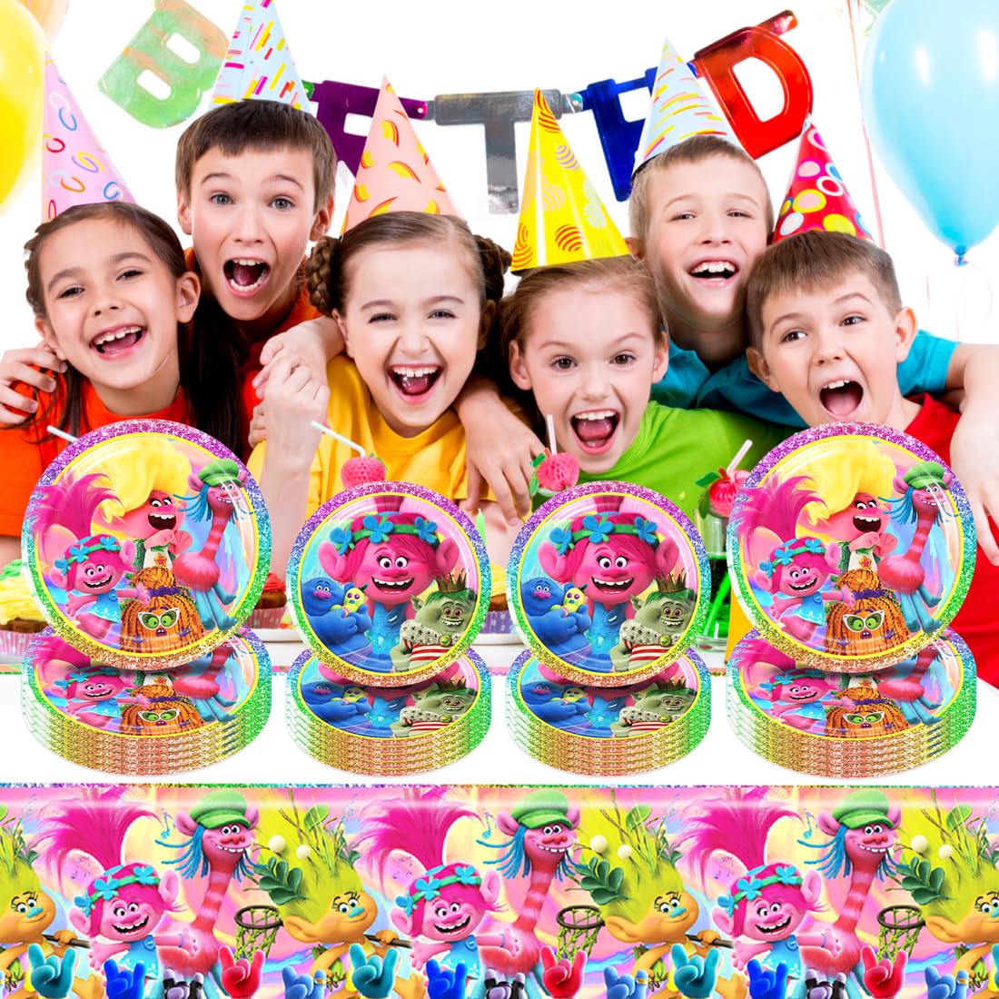 Trolls Birthday Party Decorations, 20 Plates, 20 Napkins and 1 Tablecover for Trolls Party Supplies