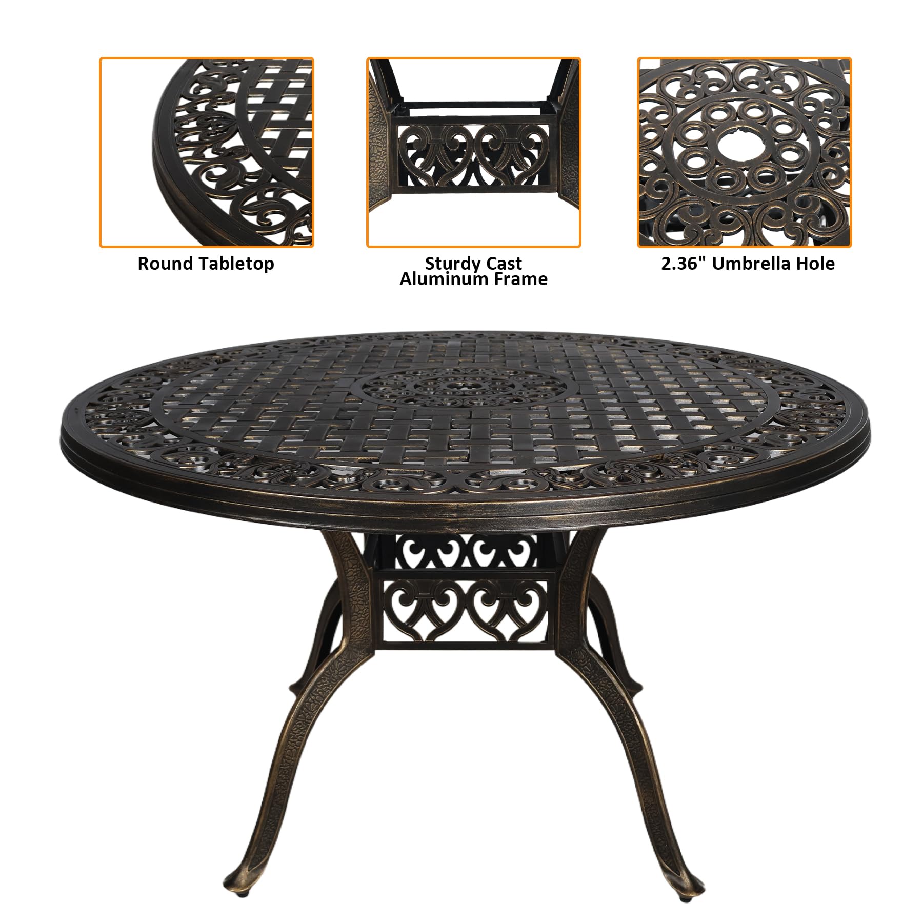 PATIO-IN 48.23" Patio Dining Table, All-Weather Cast Aluminum Table with 2.36" Umbrella Hole, Patio Furniture Table, Outdoor Dining Table for Backyard and Poolside