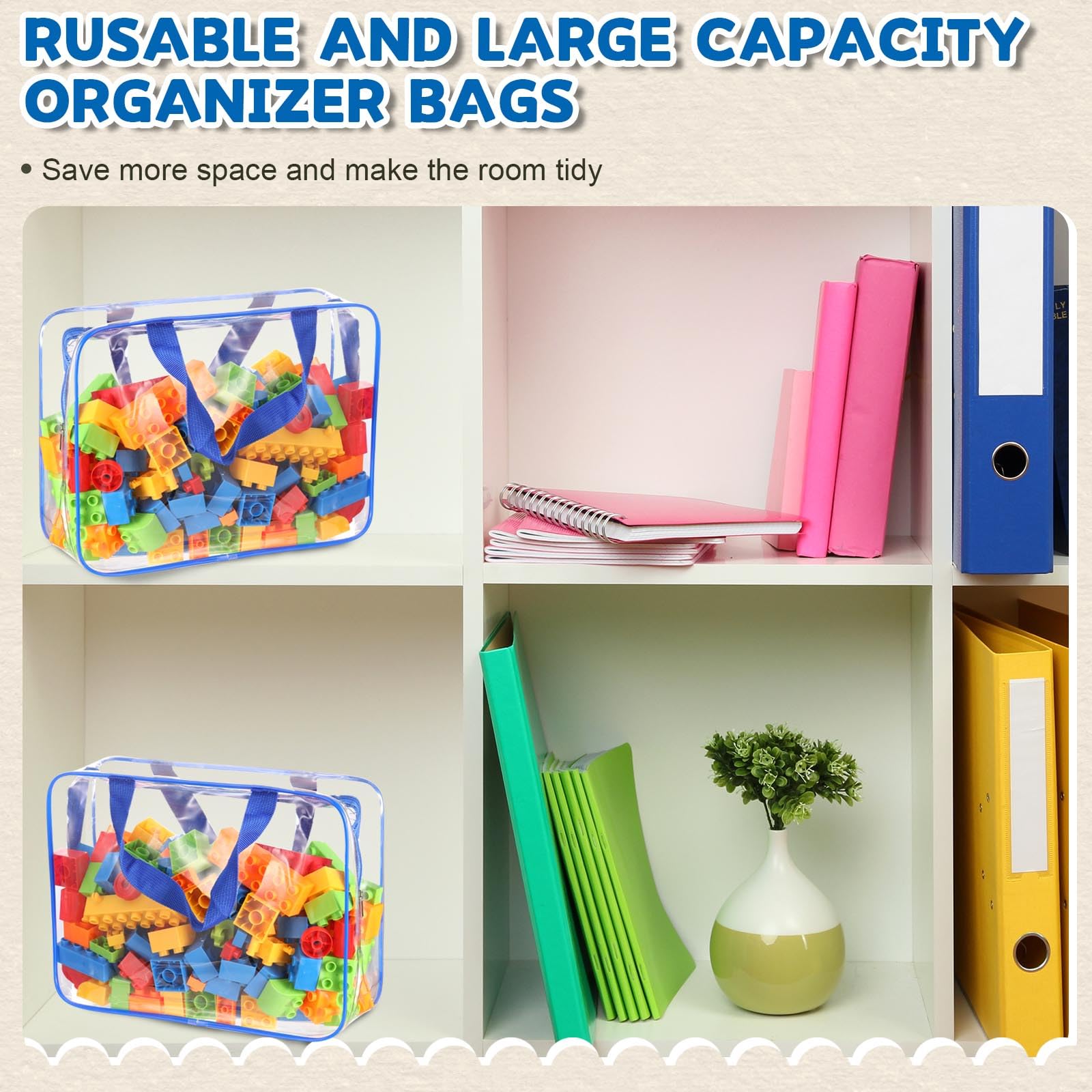 18 Packs Large Toy Storage Bags with Labels, Clear PVC Bags Travel Waterproof Kids Toy Organizer Bags with Zipper for Building Blocks Puzzle Kids Books (Blue)