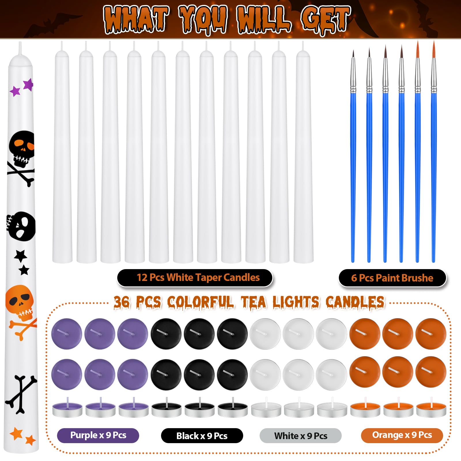 MTLEE 78 Pcs DIY Candle Painting Kit Include 12 White Taper Candles 60 Colored Tealight Candles 6 Paint Brushes for Candles Crafts Birthday Wedding Party Favors(Halloween Color)