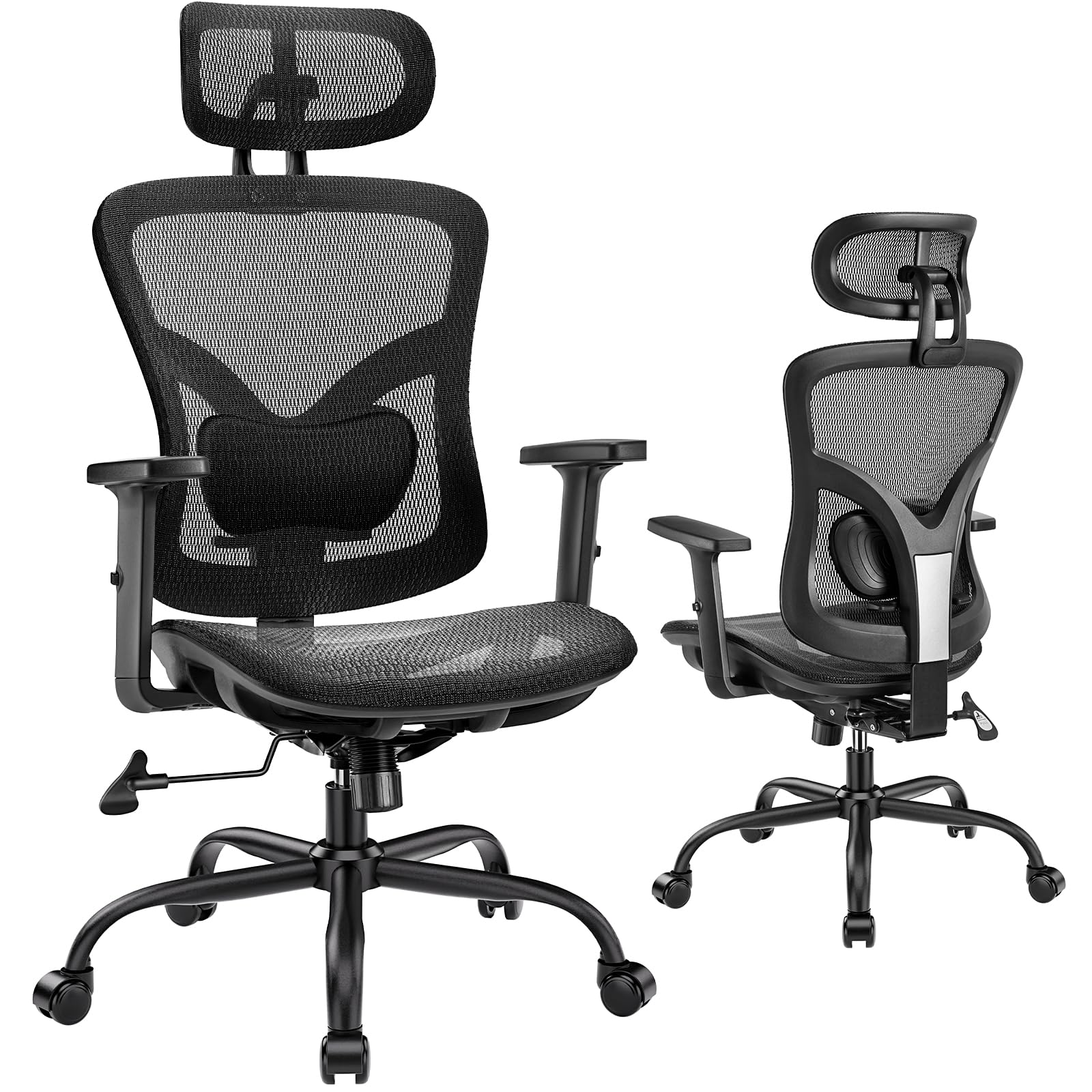 Marsail Ergonomic Mesh Office Chair: Mesh Computer Desk Chair with Adjustable Lumbar Support, 2D Headrest&2D Armrest, Ergonomic Gaming Chair for Home Office, Black