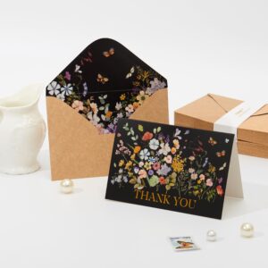 Crisky Black Floral Thank You Cards with Envelopes 50 Pack bulk 4x6 Inch Kraft envelopes Gold Foil Flower Greeting Cards For Baby Shower, Wedding, Bridal Shower, Graduation, 3 assortment