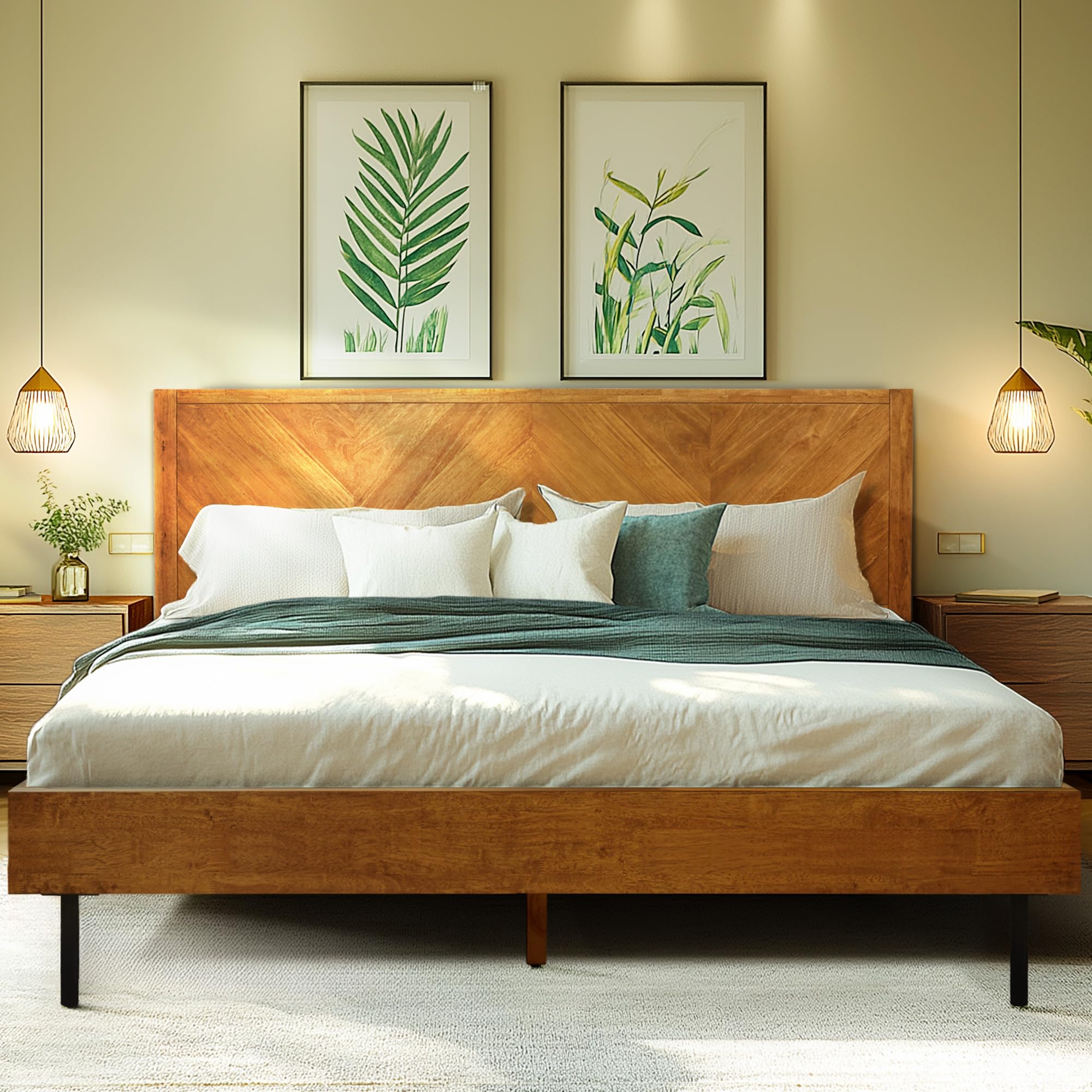 Acacia Alander King Bed Frame and Headboard Solid Wood Platform Bed, Scandinavian Signature Wood Bed Compatible with All Mattress Types, Bed Frame King Bedroom Furniture, Wood Slats Support, Walnut